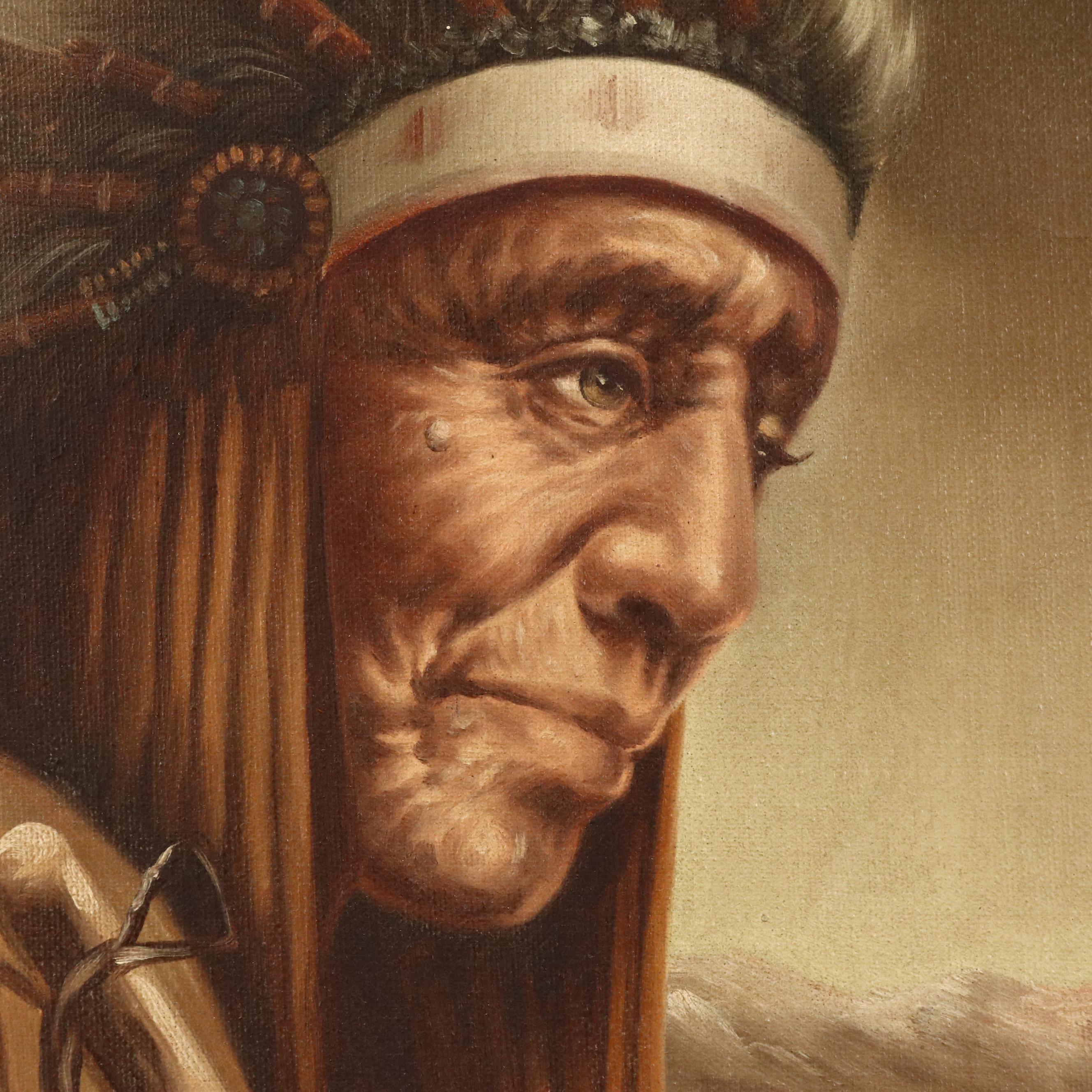 Oil Painting After Kenneth Su Portrait of a Native American