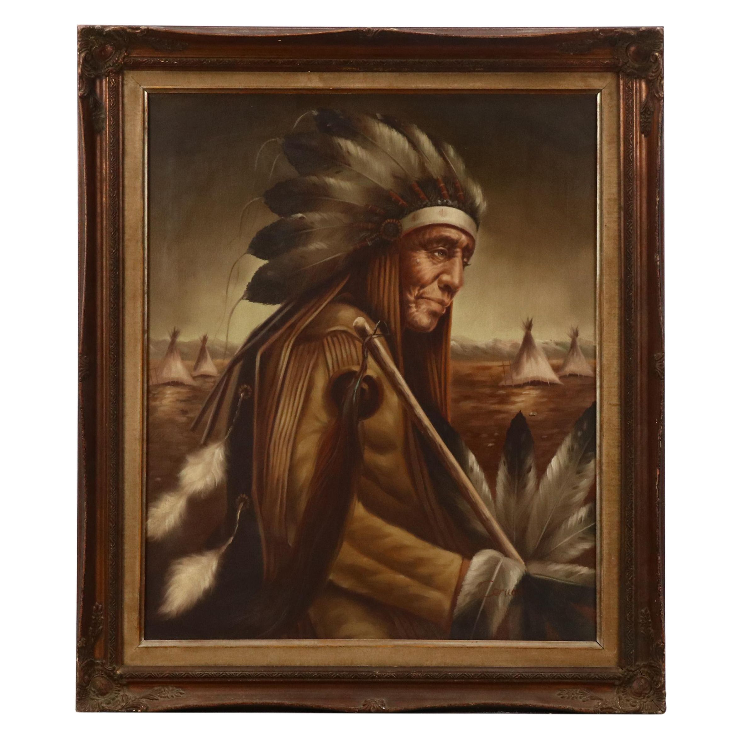 Oil Painting After Kenneth Su Portrait of a Native American