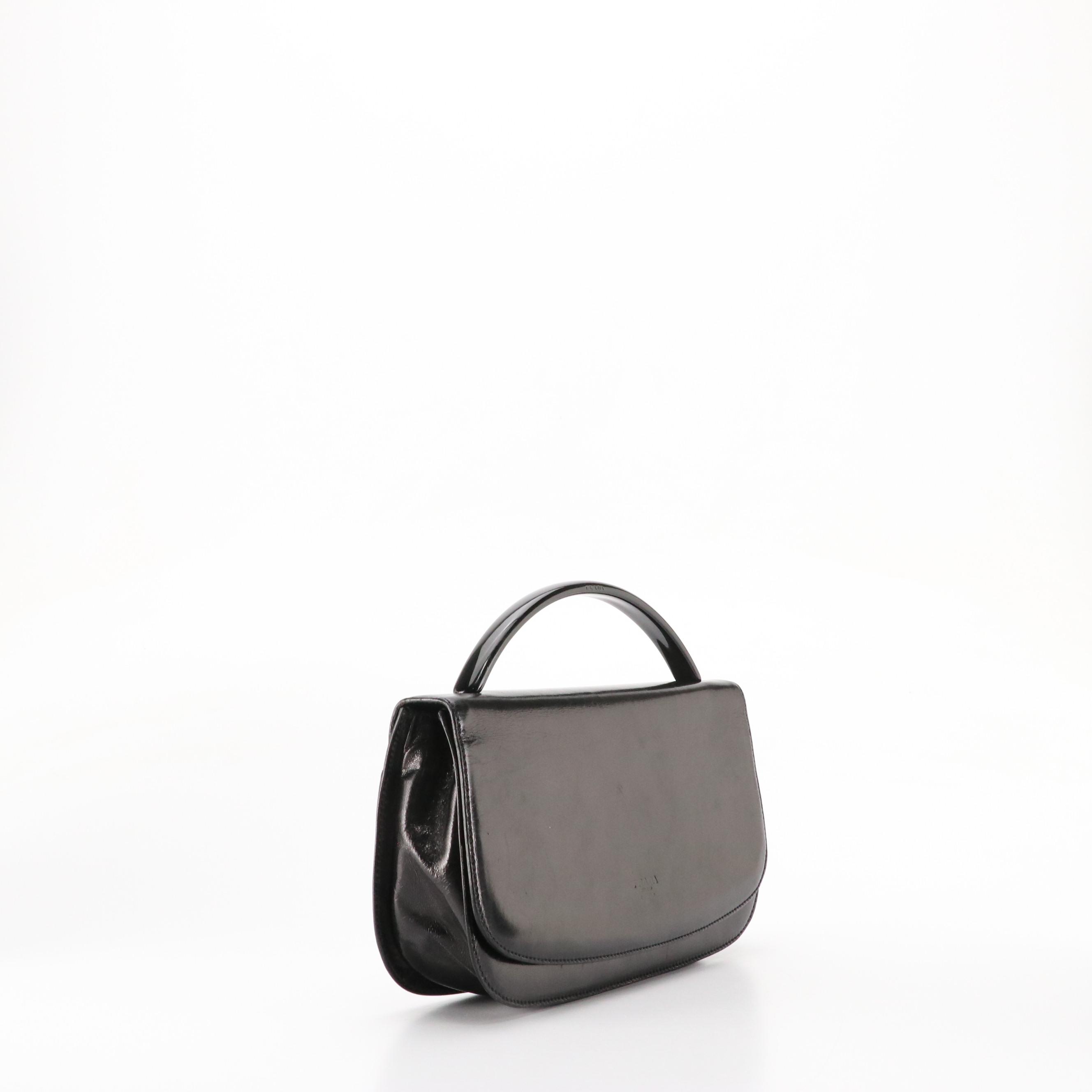 Prada Flap Top Top Handle Hand Bag in Black Shiny Leather