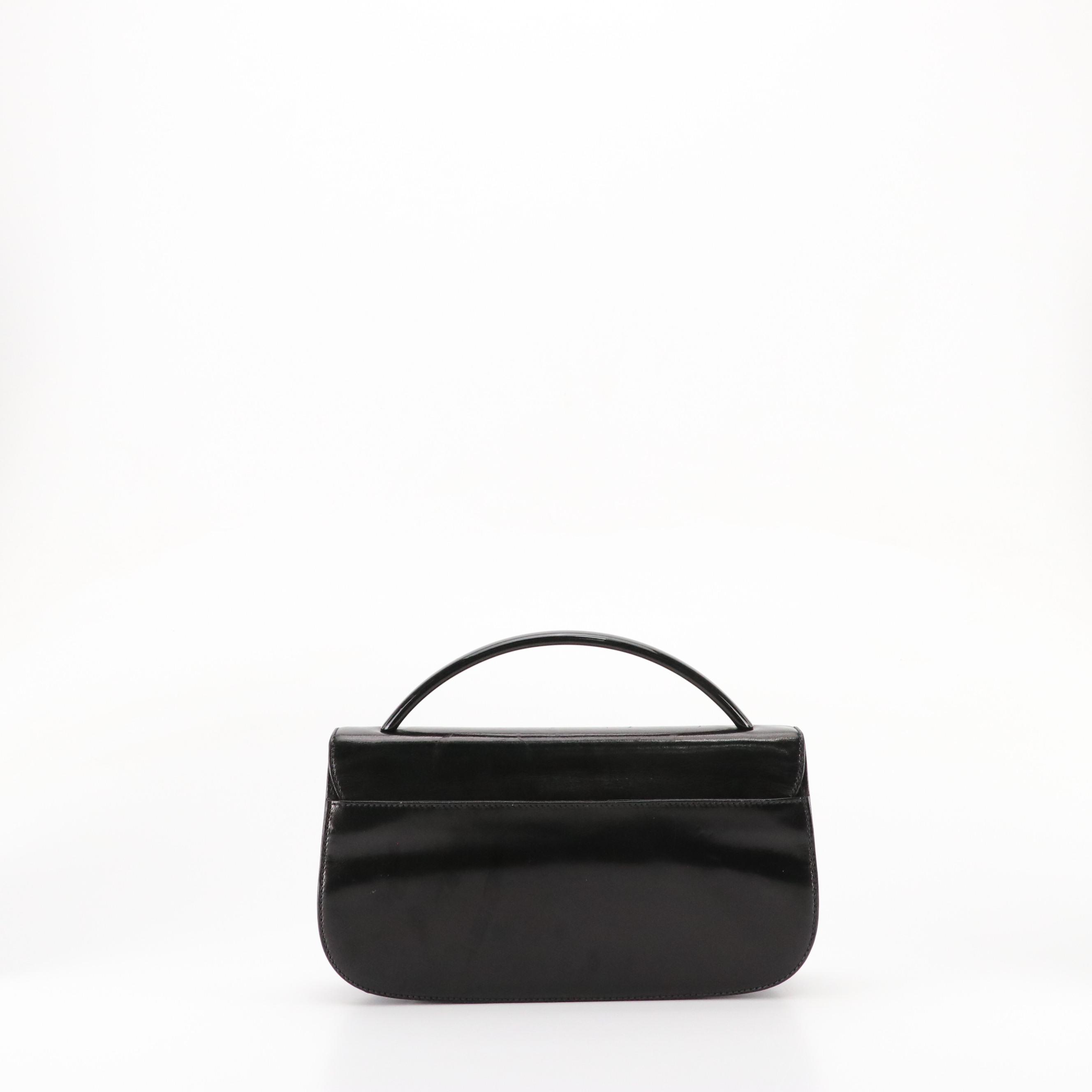Prada Flap Top Top Handle Hand Bag in Black Shiny Leather
