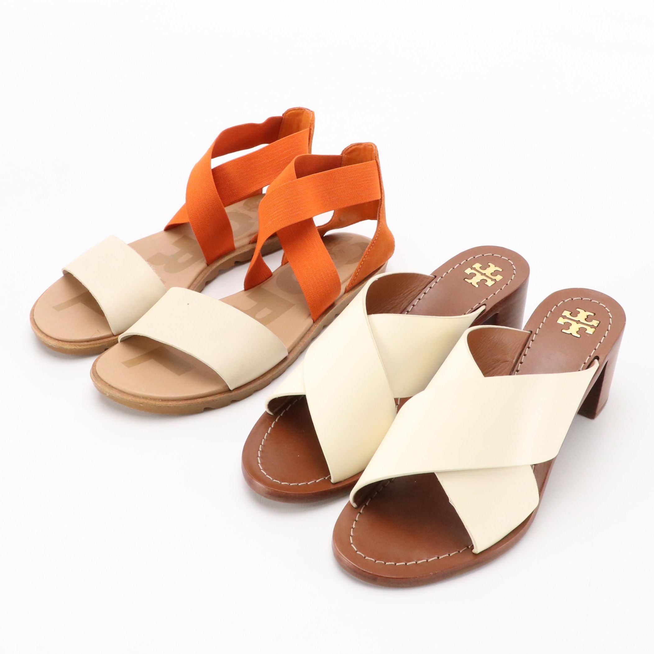 Tory Burch Ivory Leather 'Montrose' Mules and Sorel 'Ella II' Flat Sandals