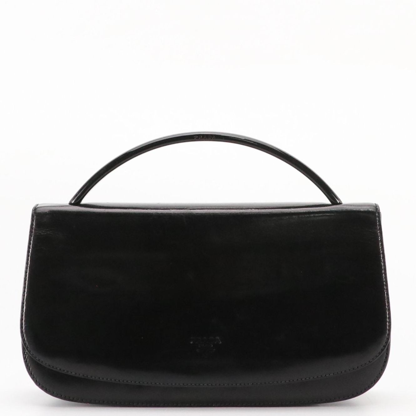 Prada Flap Top Top Handle Hand Bag in Black Shiny Leather