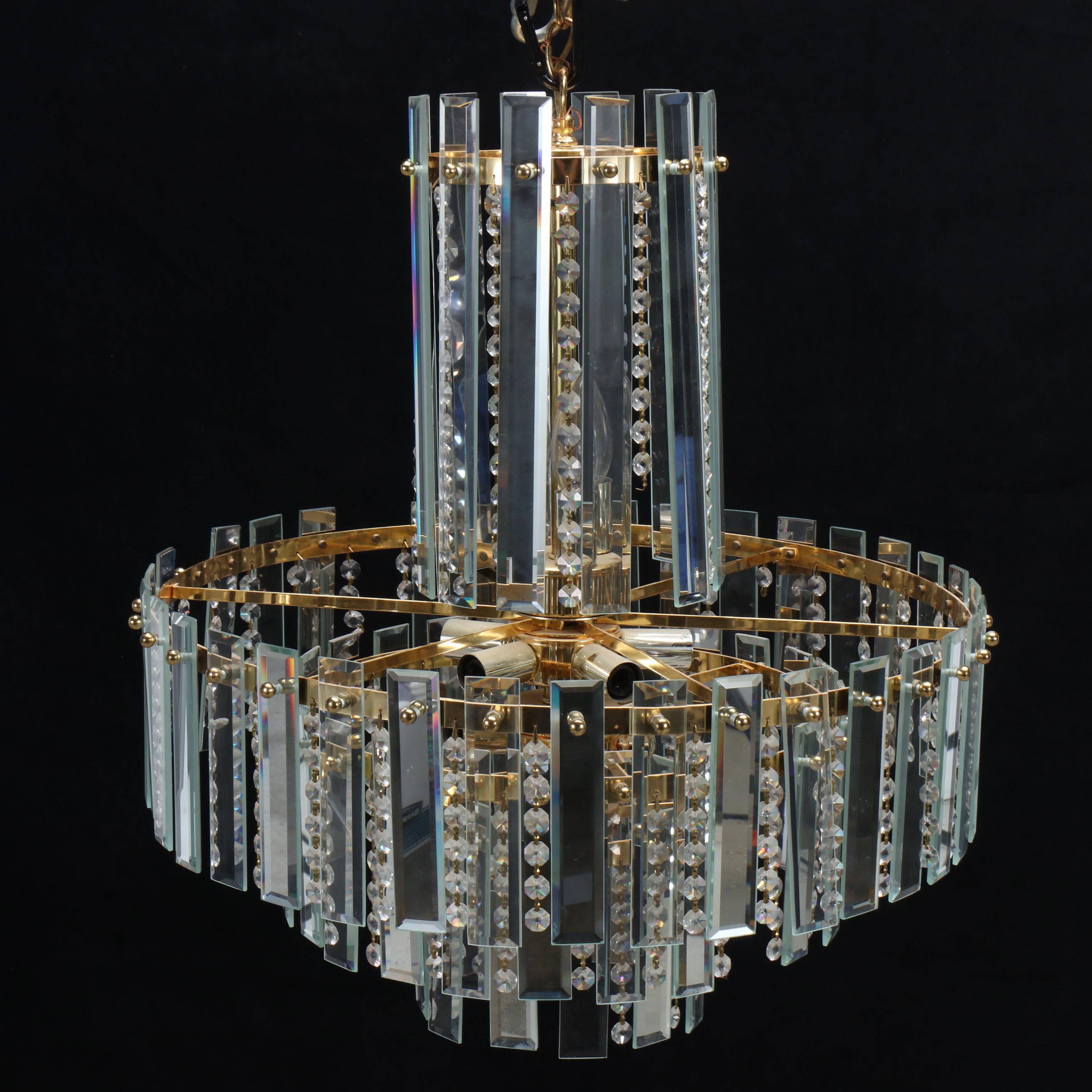 Hollywood Regency Brass and Crystal Panel 12-Light Chandelier