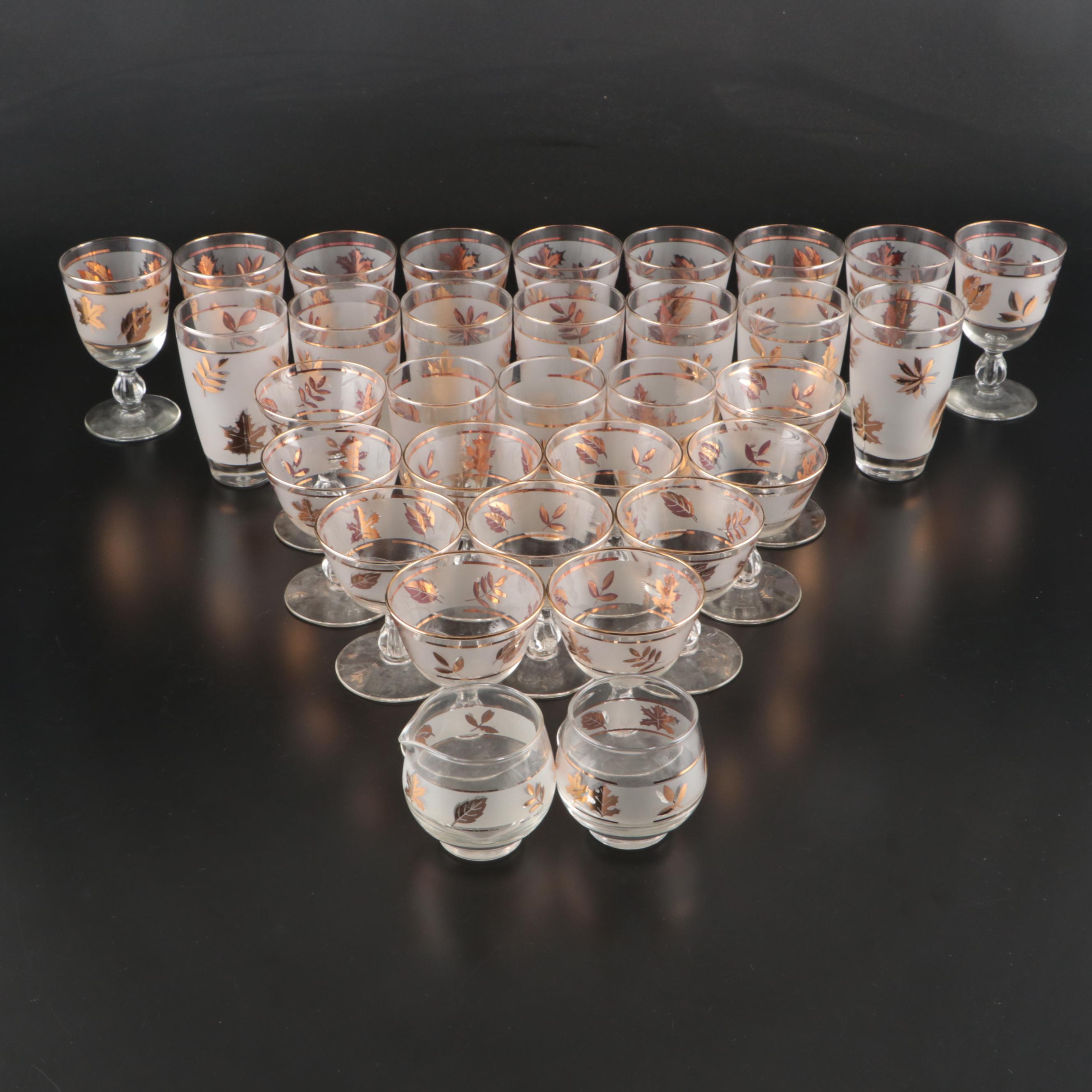 Libbey Gilt Leaf Stemware, Tumblers, Creamer, and Sugar Bowl, Mid-20th C.