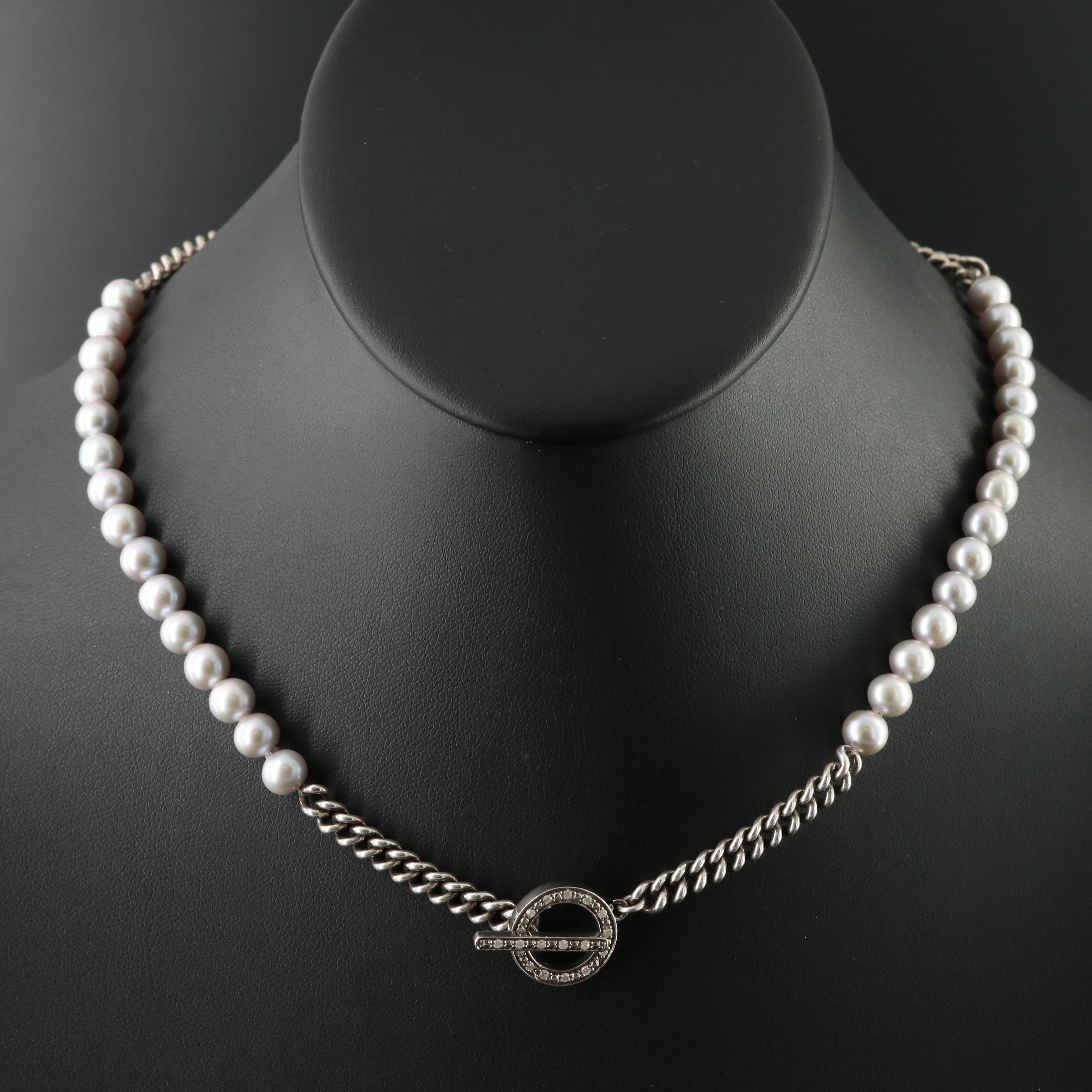 Sheryl Lowe Sterling Diamond and  Pearl Curb Chain Necklace