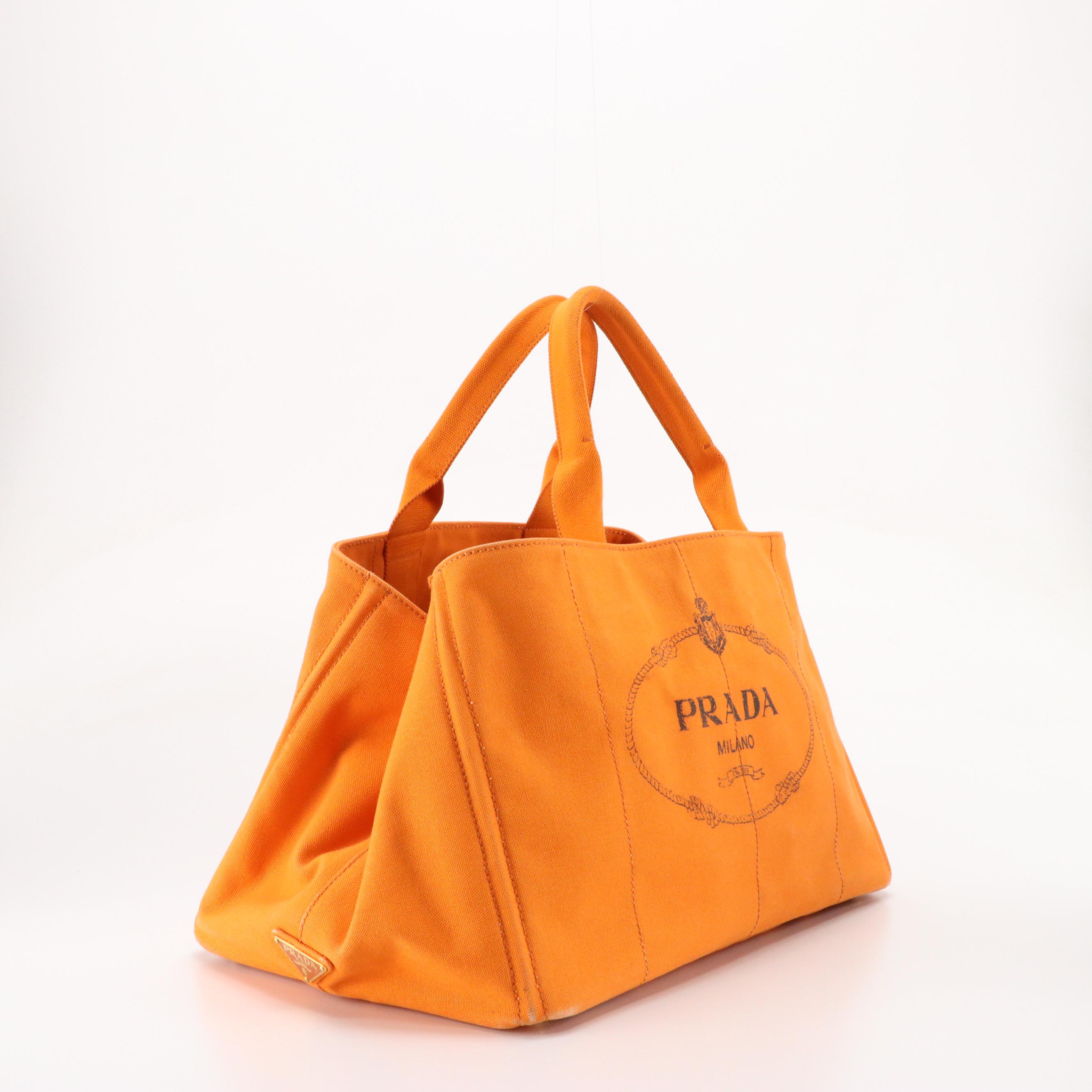 Prada Large Canapa Logo Shopping Tote in Papaya Orange Canvas