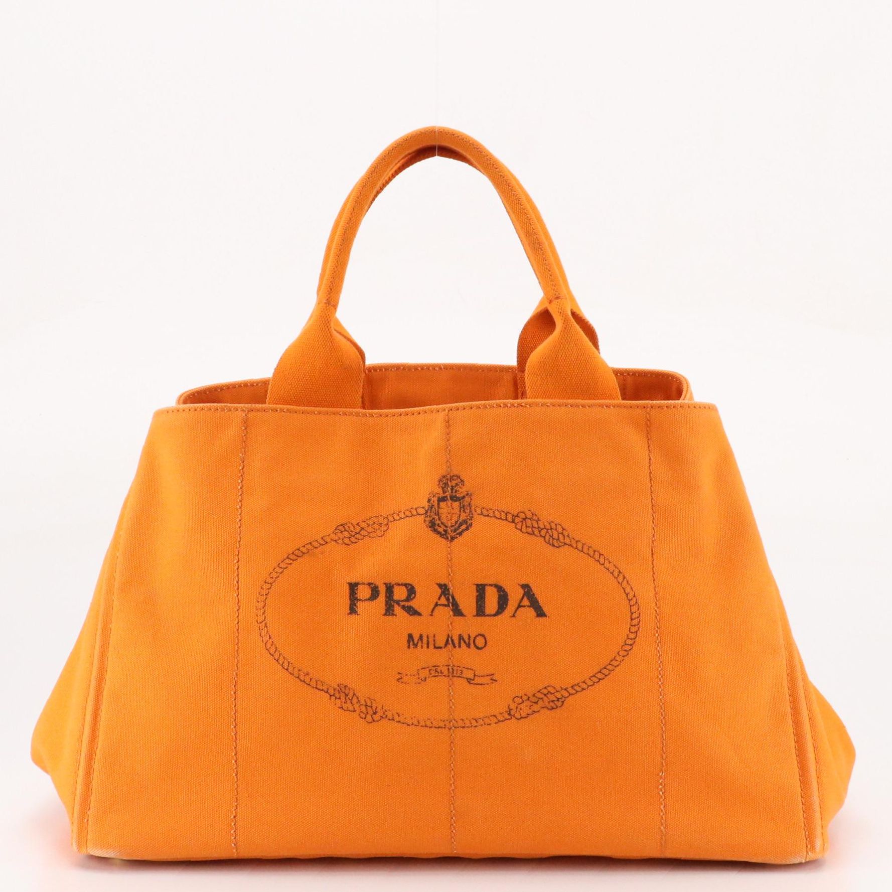 Prada Large Canapa Logo Shopping Tote in Papaya Orange Canvas