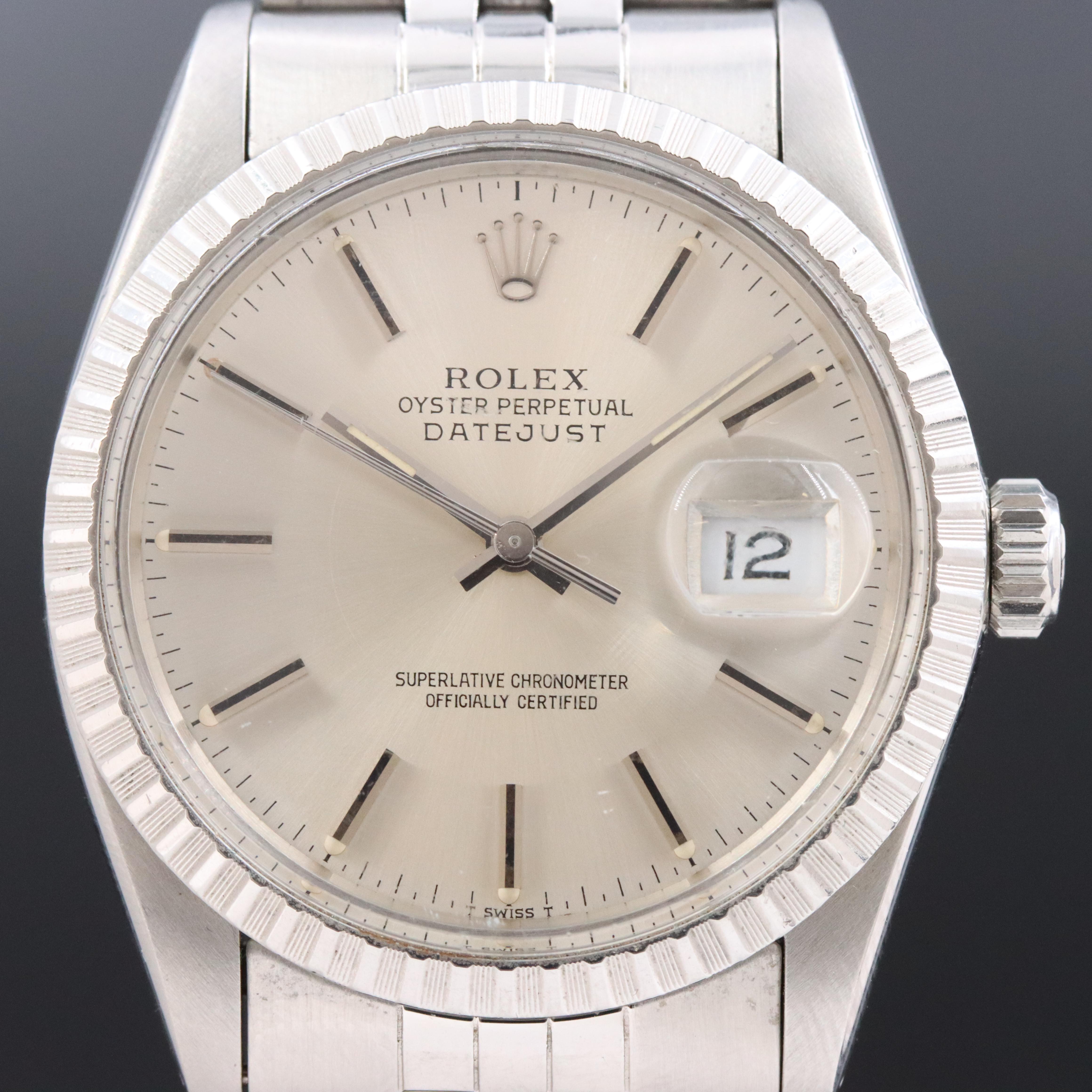 Rolex Datejust 16030 Engine Turned Bezel Silver 36mm Steel Automatic Watch 1984