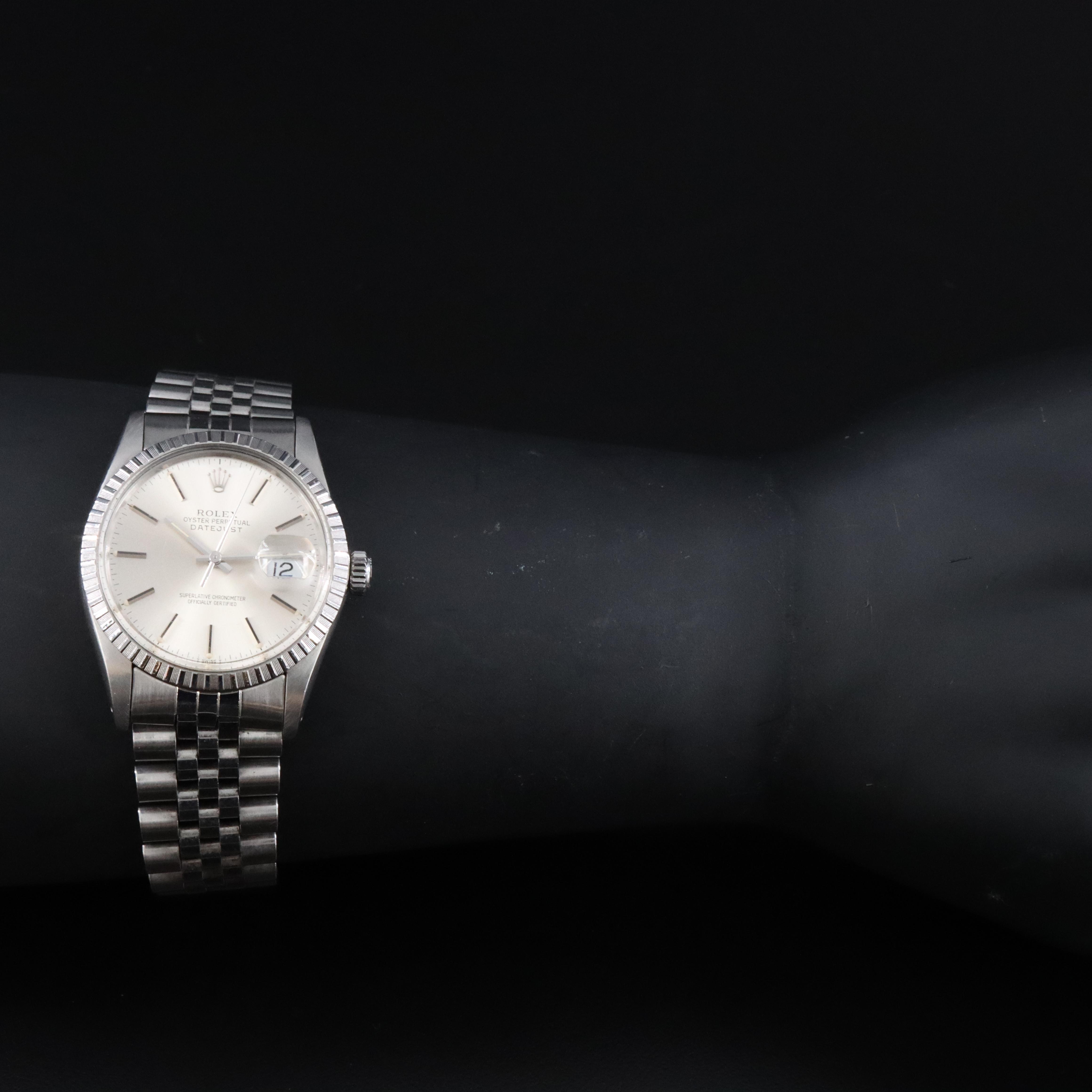 Rolex Datejust 16030 Engine Turned Bezel Silver 36mm Steel Automatic Watch 1984