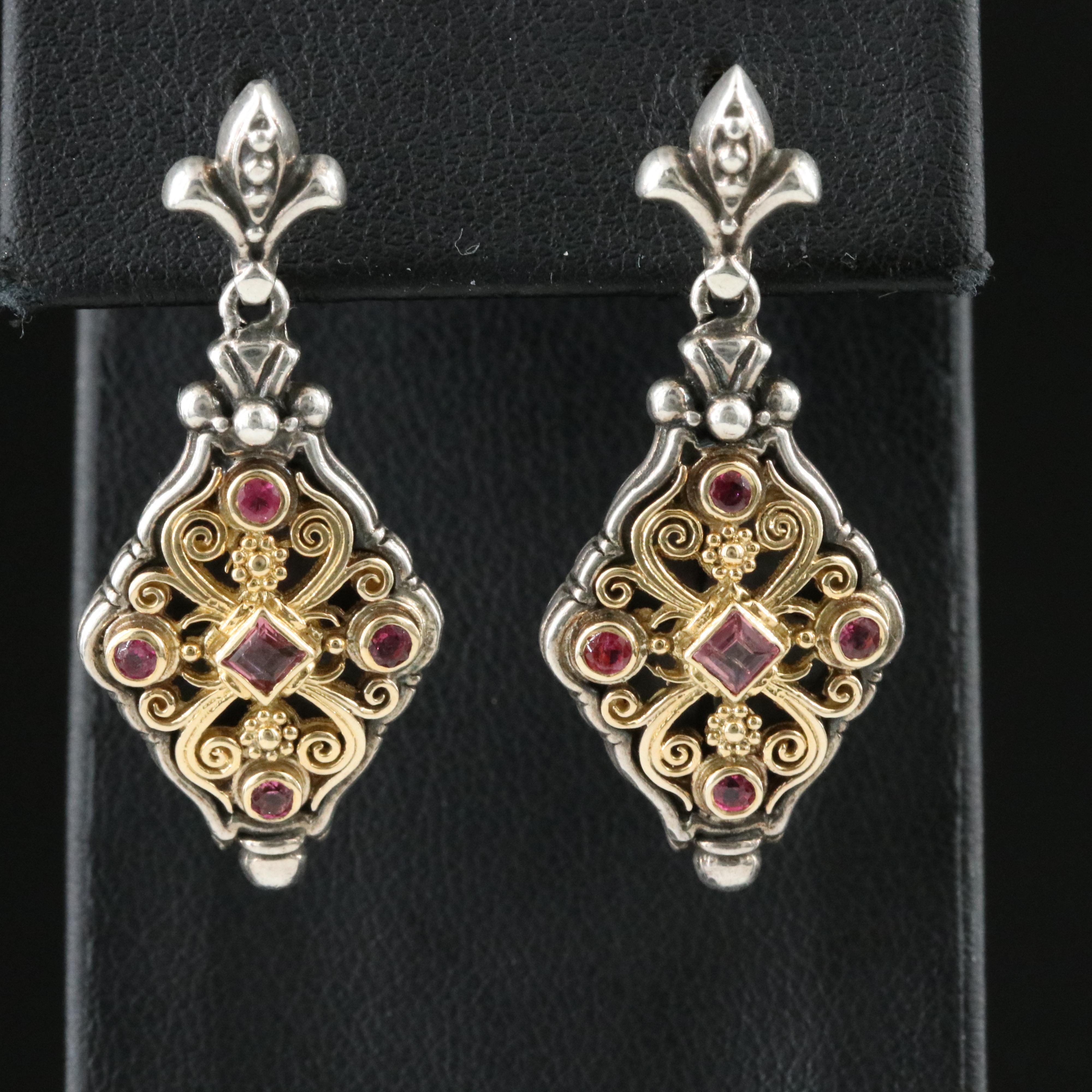 Konstantino Sterling, 18K and Pink Tourmaline Rhombus Drop Earrings