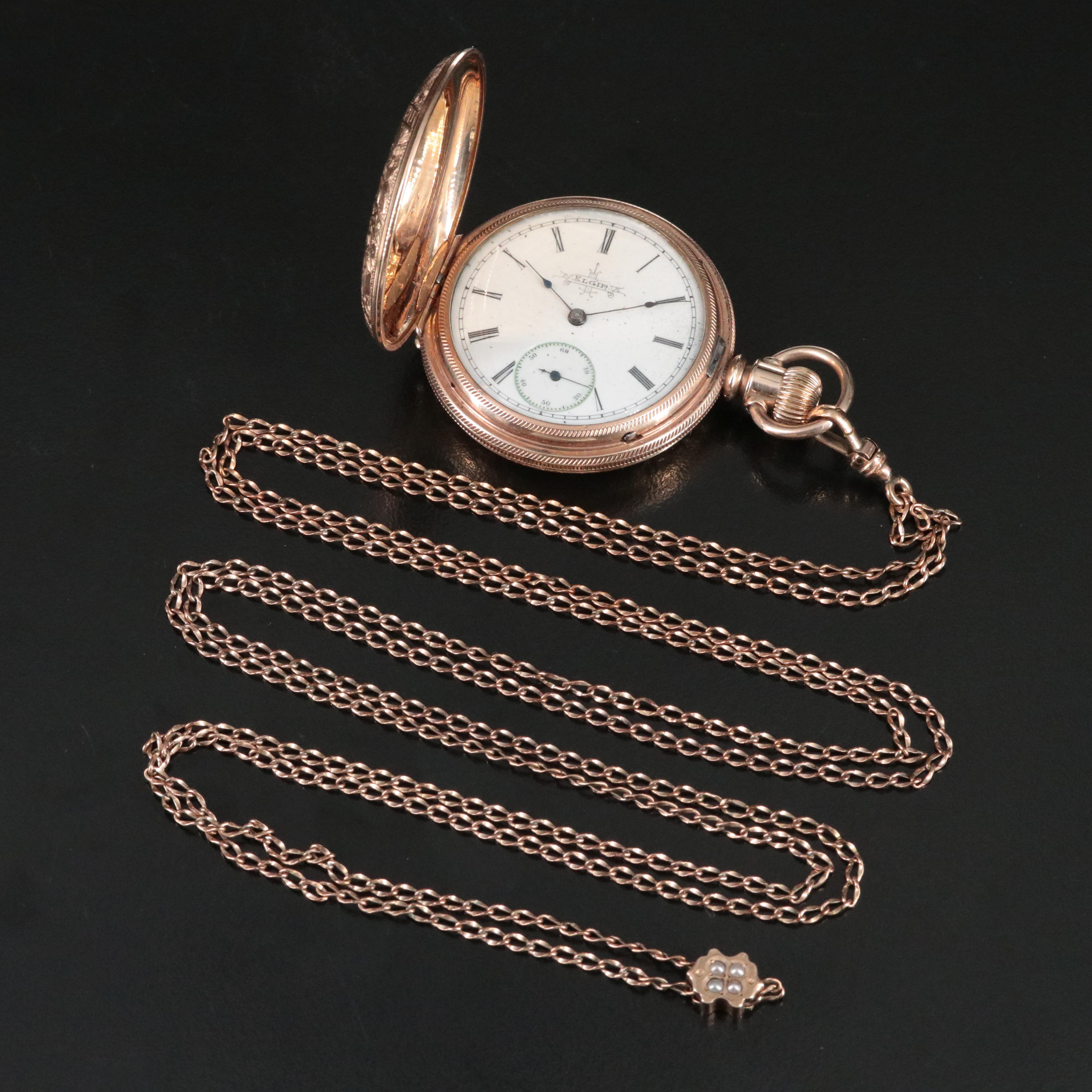 1889 Elgin Gold-Filled Hunting Case Pocket Watch and Fob Chain