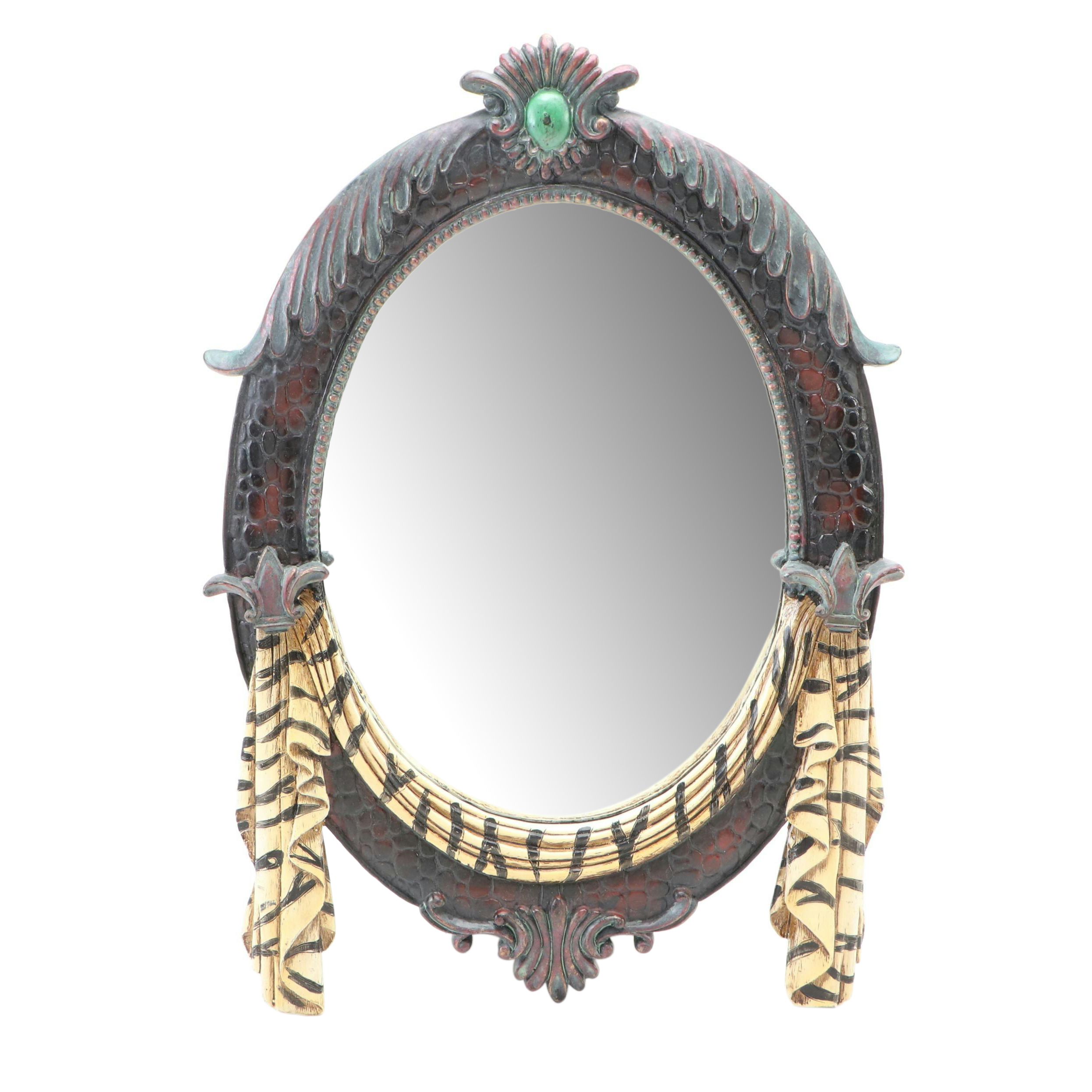 Contemporary Neoclassical Style Feather and Swag Accented Resin Oval Wall Mirror