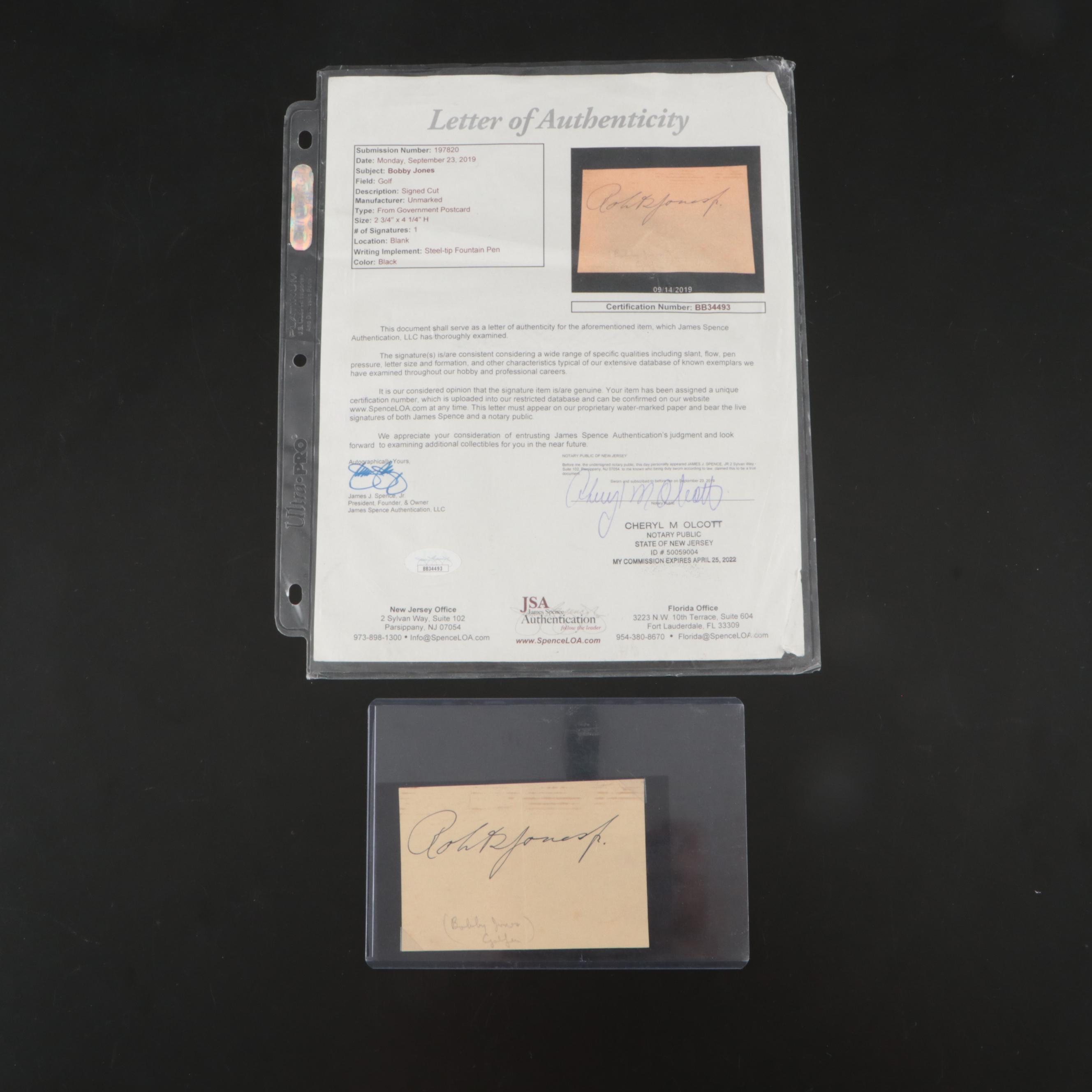 Bobby Jones Cut Signature Golf Card, JSA