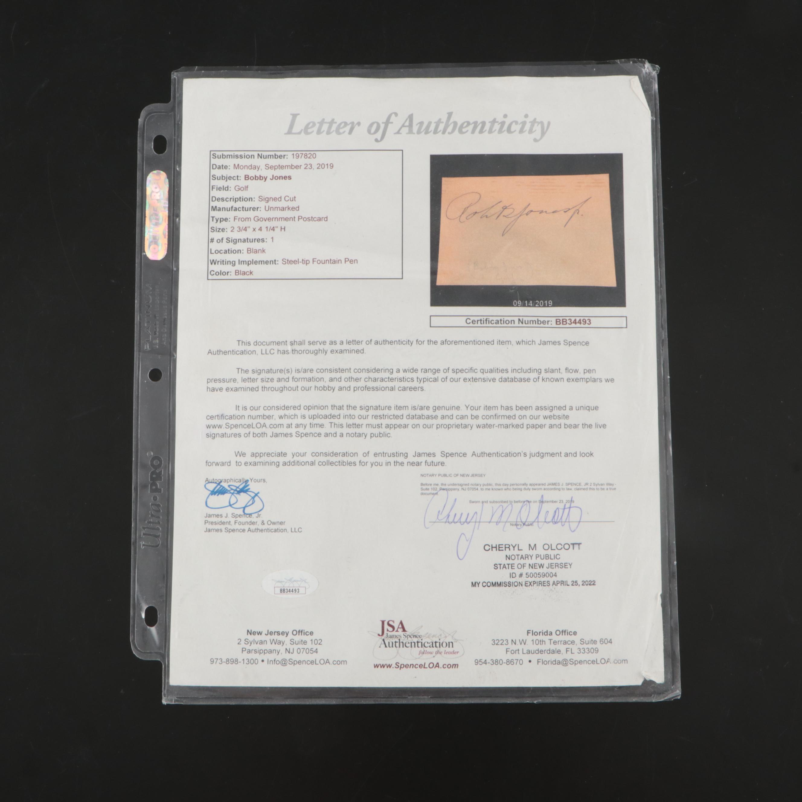 Bobby Jones Cut Signature Golf Card, JSA