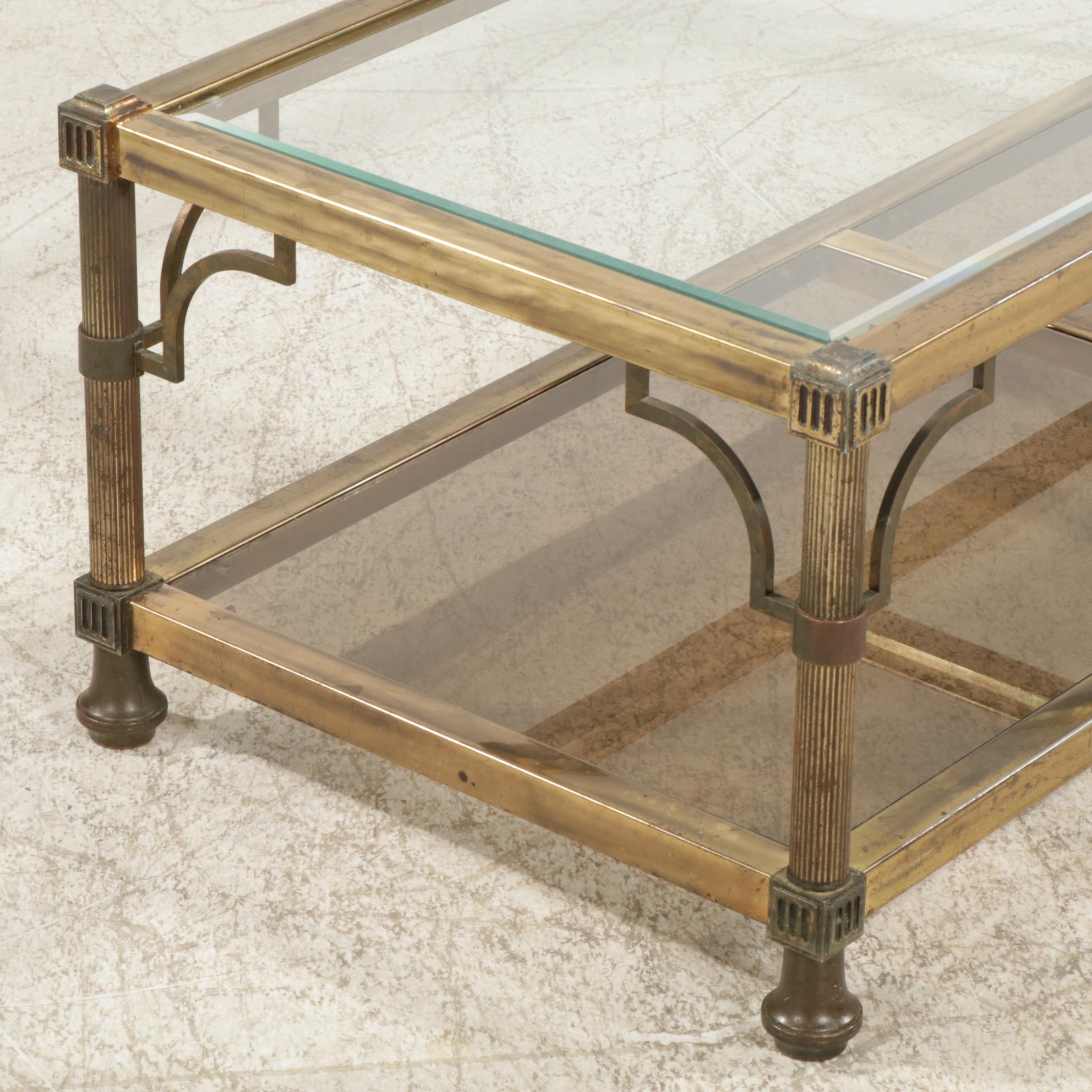 Neoclassical Brass Finished Metal Coffee Table with Glass Inserts