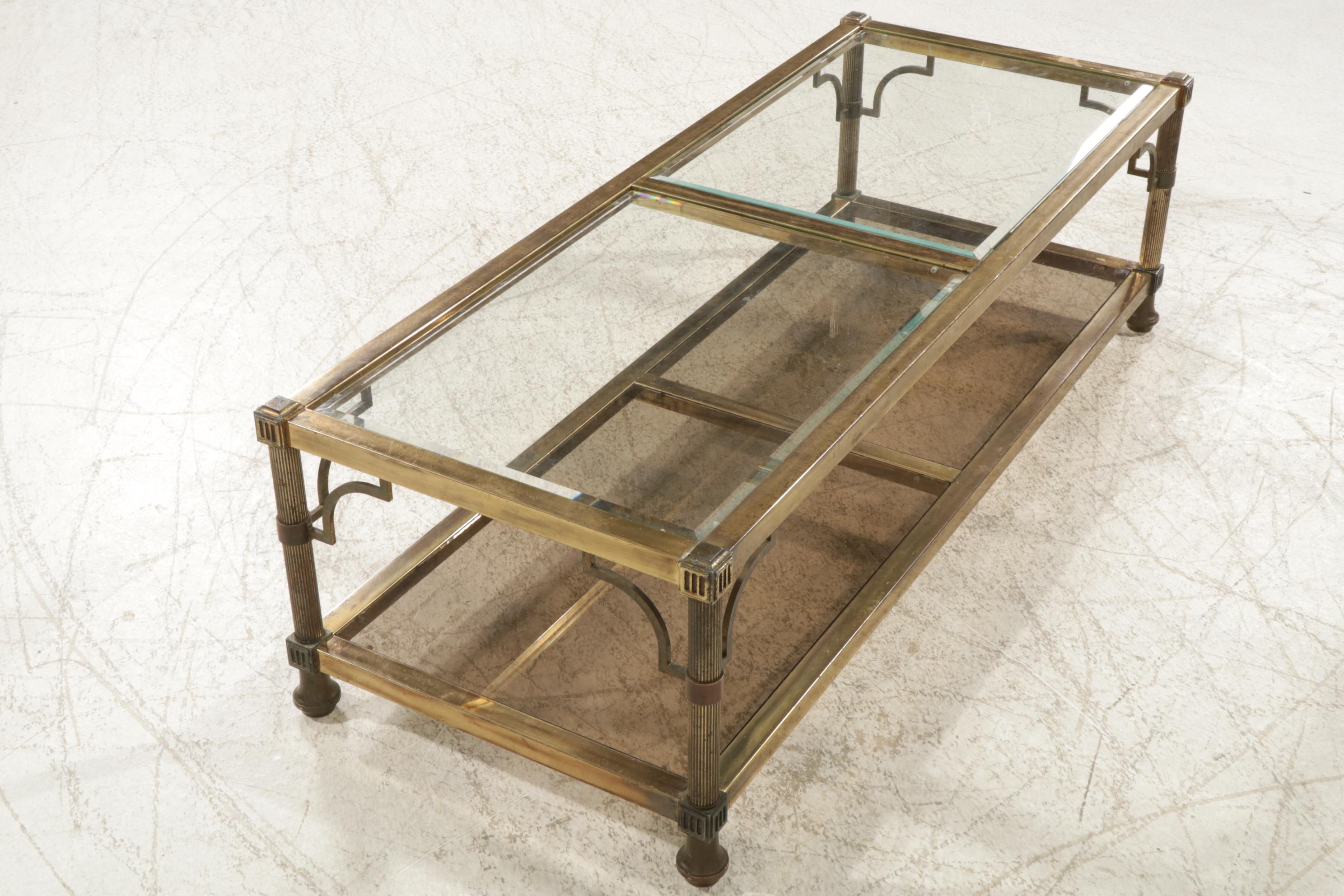 Neoclassical Brass Finished Metal Coffee Table with Glass Inserts
