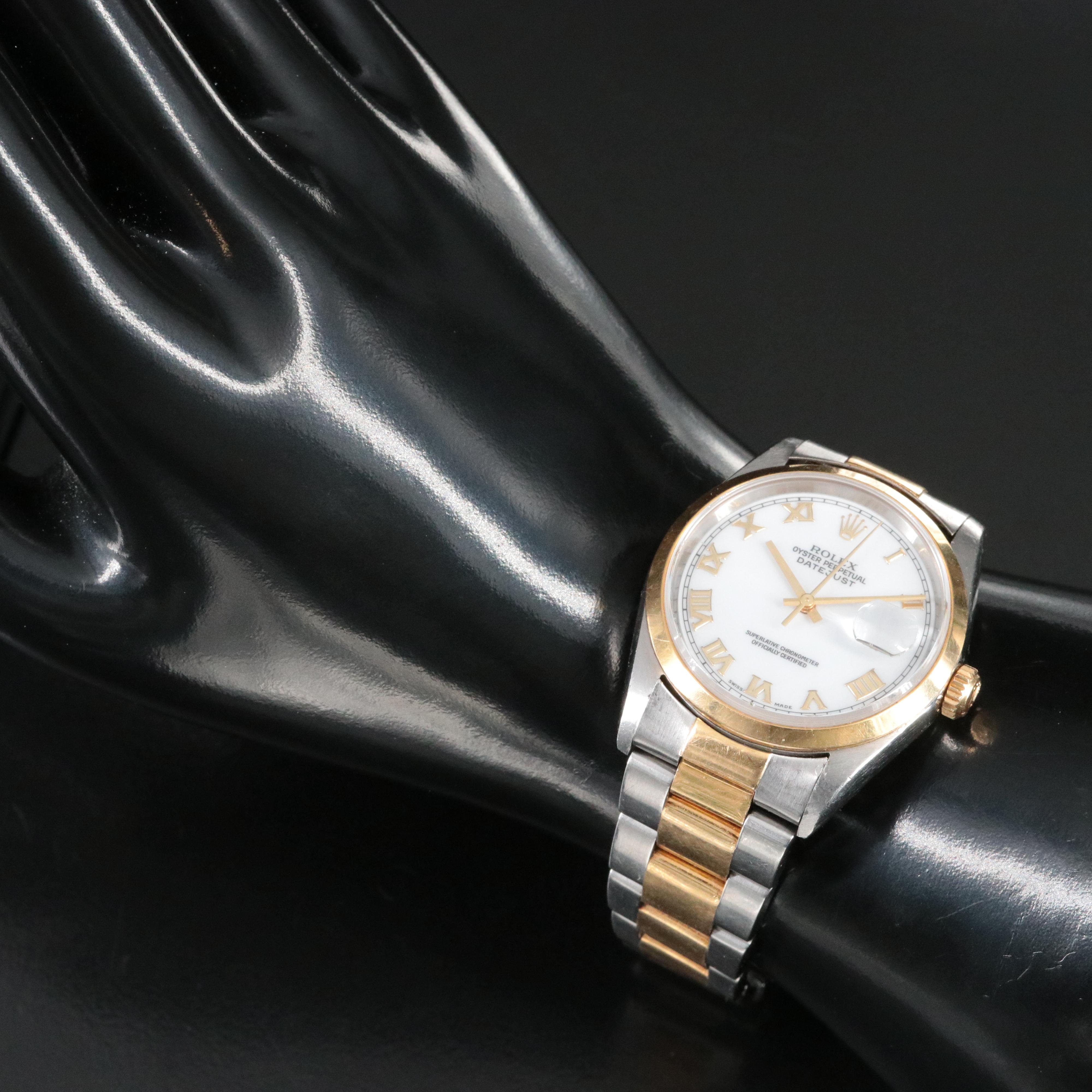 1999 Rolex Datejust 36 White Roman Dial Steel and Gold 16203 Watch