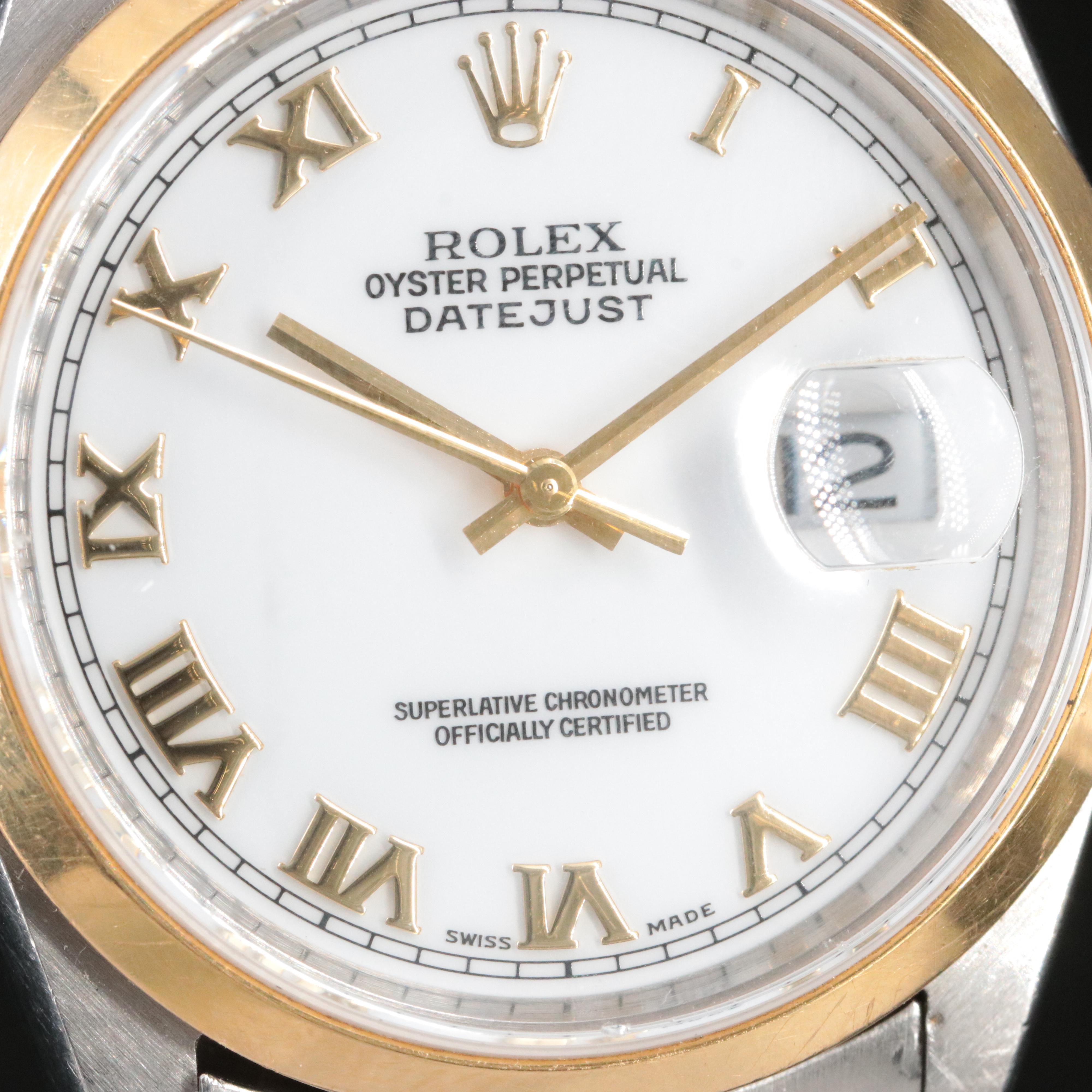 1999 Rolex Datejust 36 White Roman Dial Steel and Gold 16203 Watch