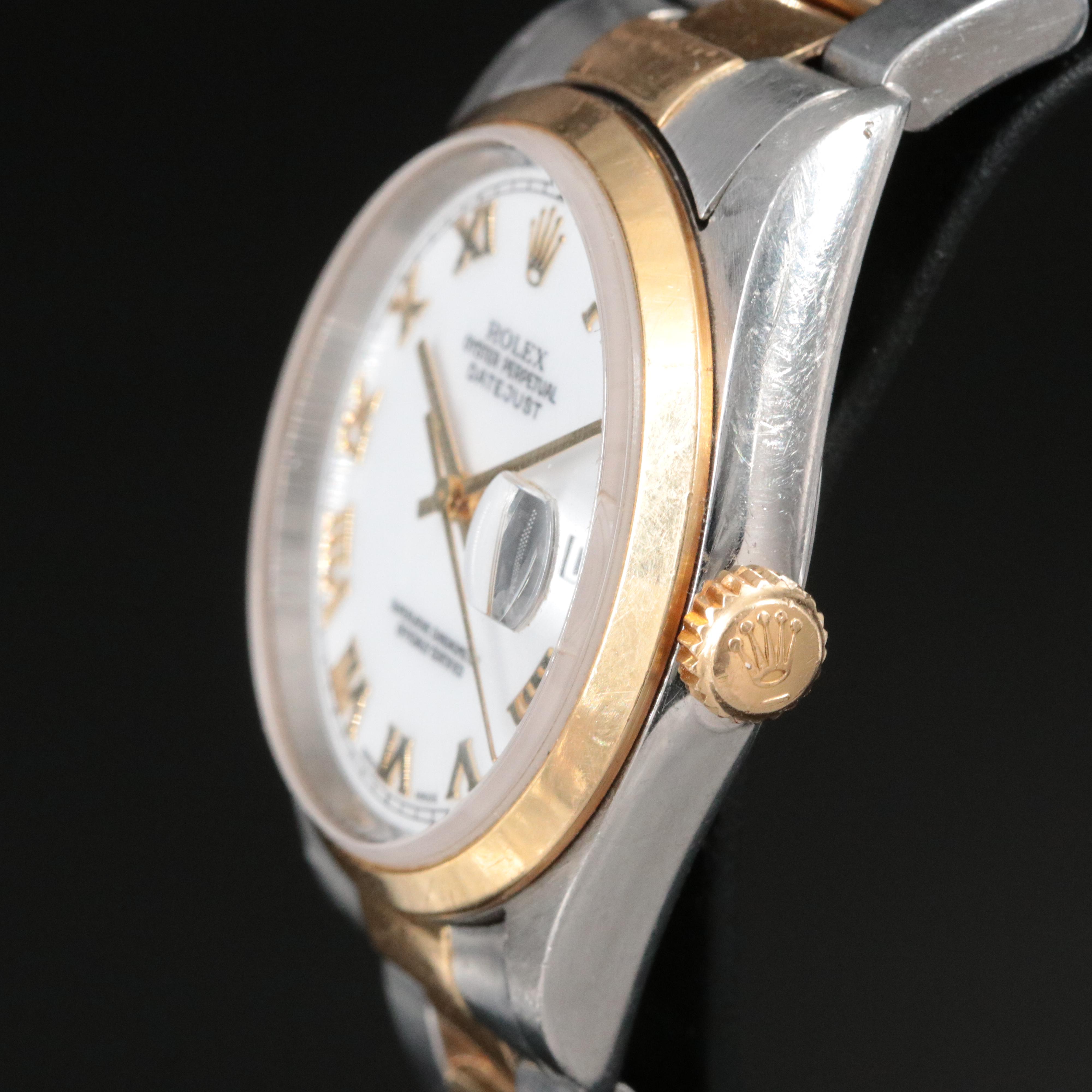 1999 Rolex Datejust 36 White Roman Dial Steel and Gold 16203 Watch