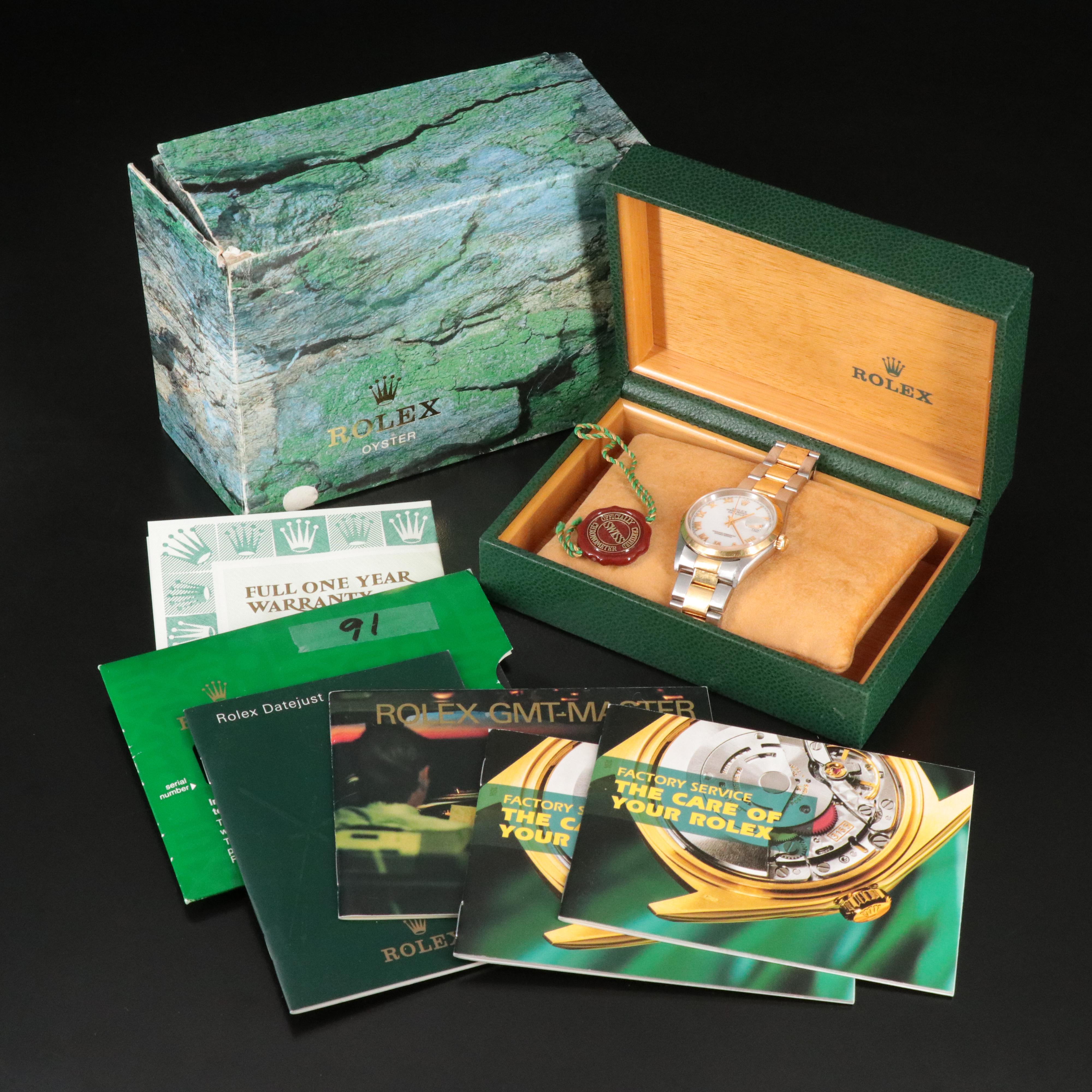 1999 Rolex Datejust 36 White Roman Dial Steel and Gold 16203 Watch