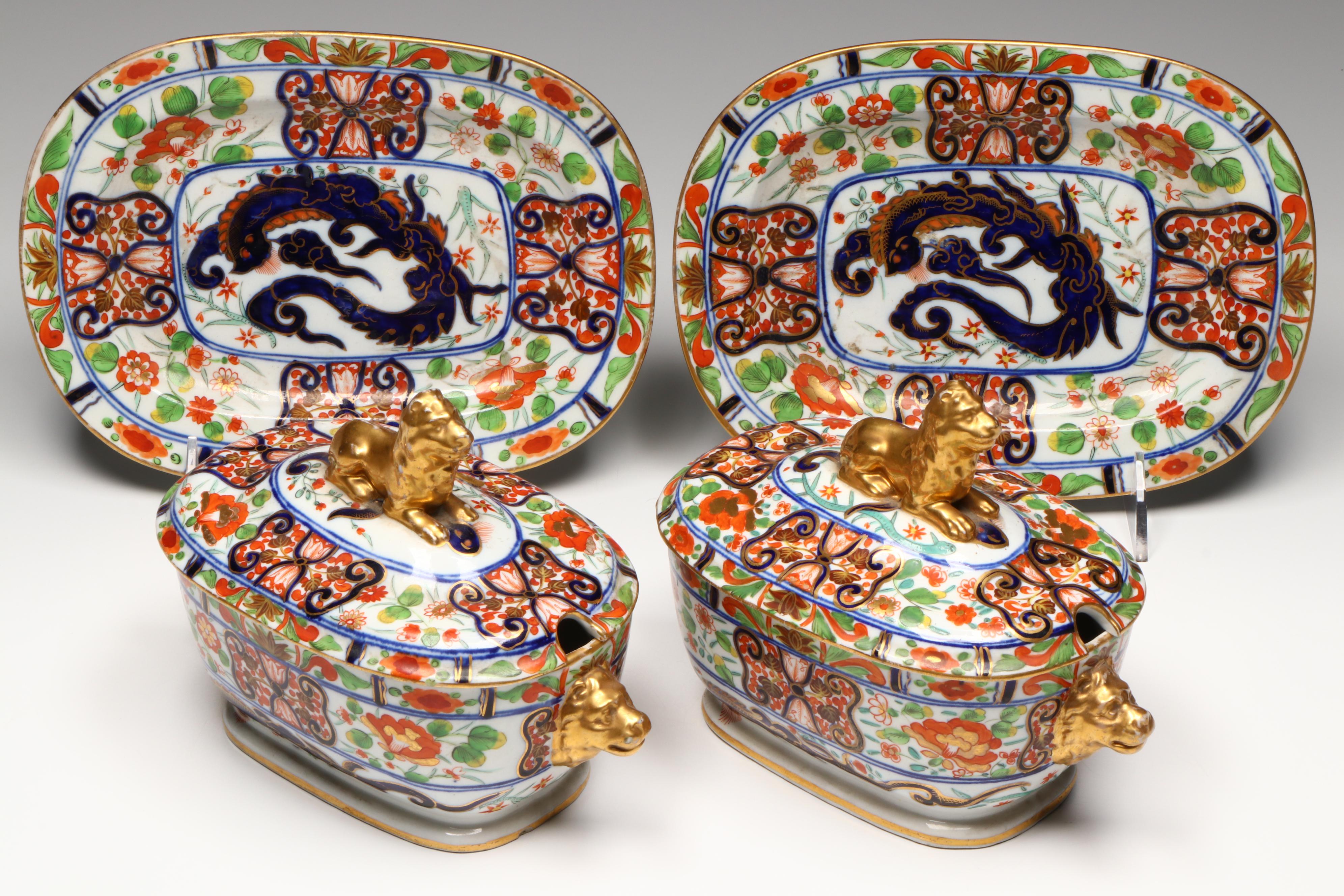 Antique Pair of John Rose Coalport Porcelain "Imari Dragon" Tureens, c. 1820