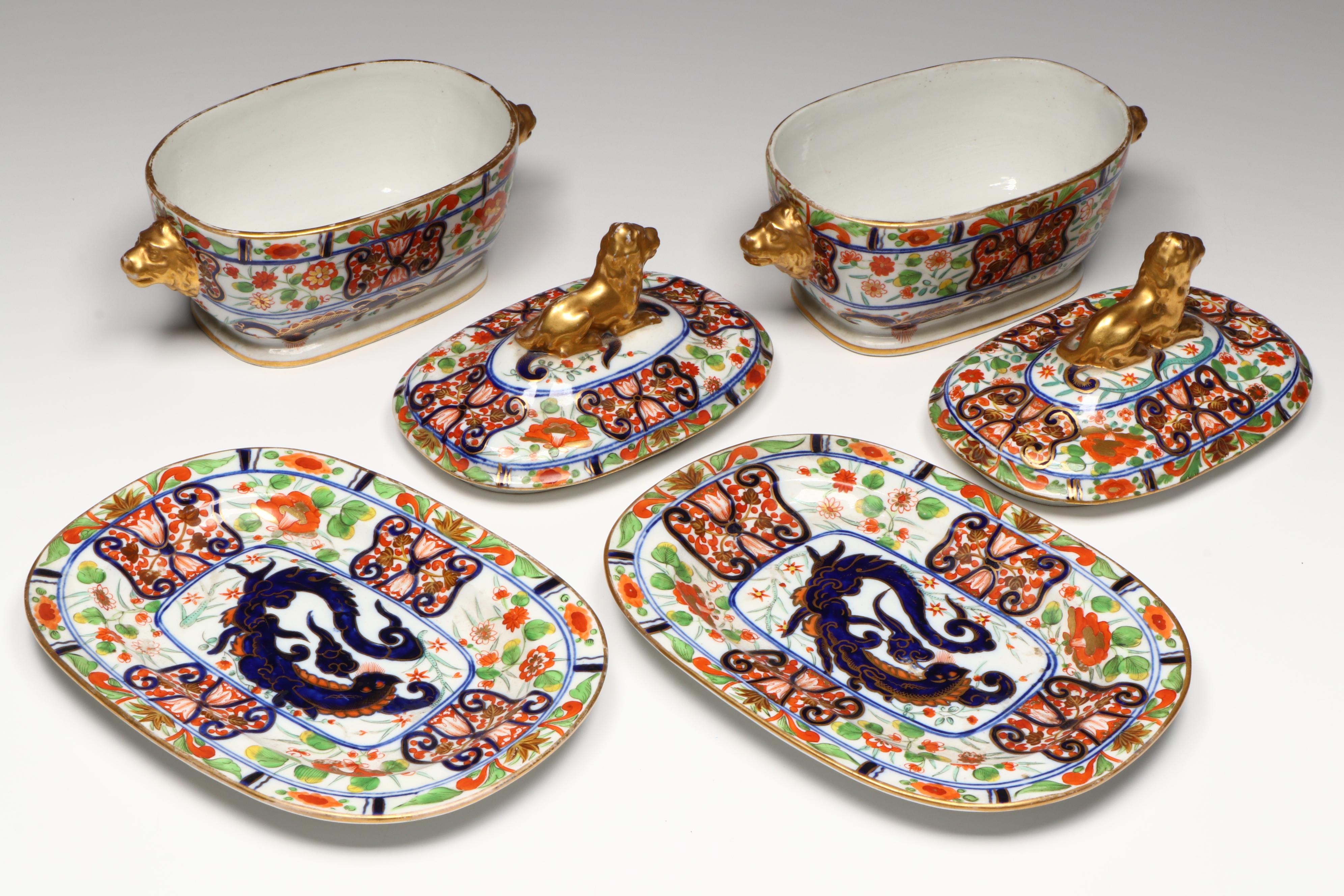 Antique Pair of John Rose Coalport Porcelain "Imari Dragon" Tureens, c. 1820