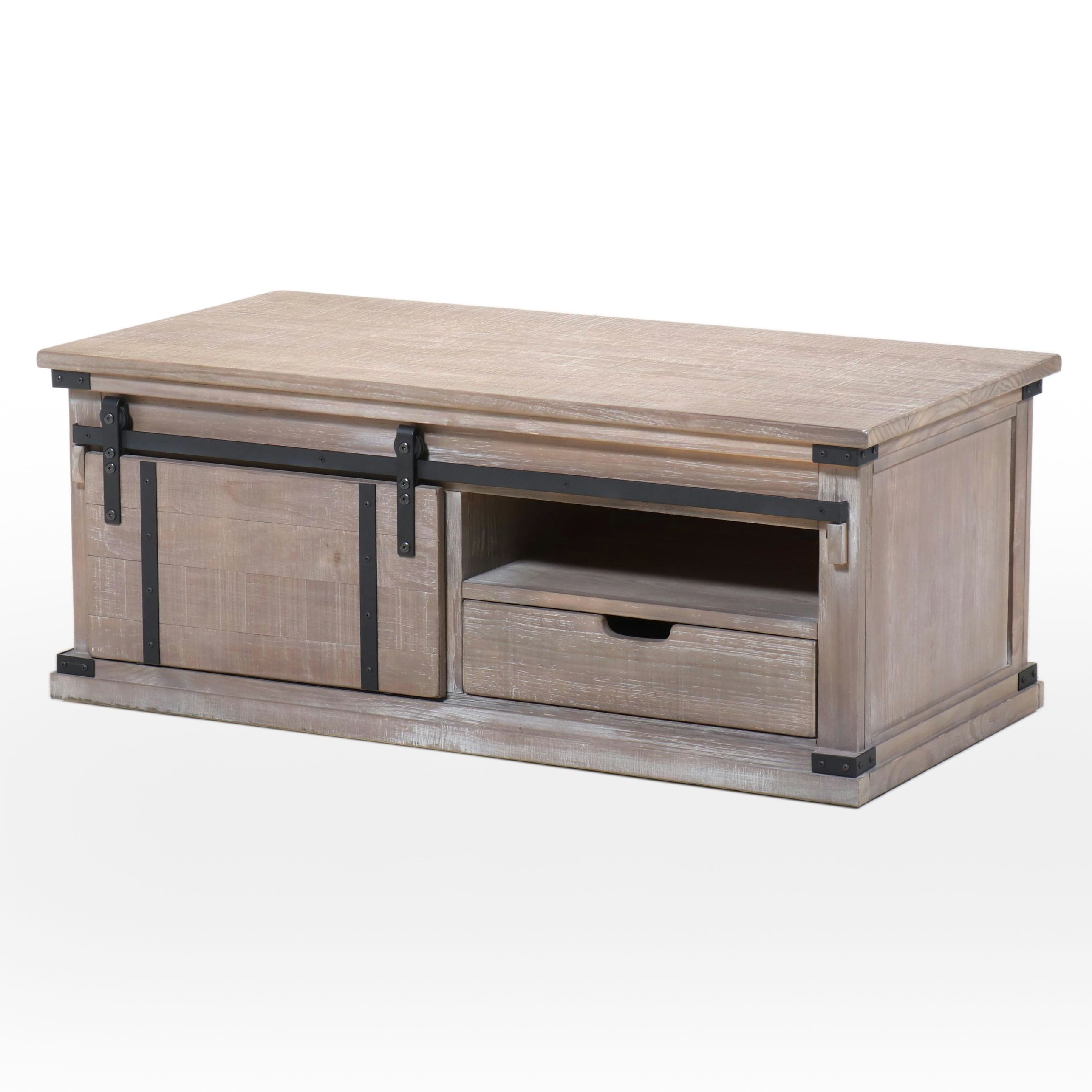 Contemporary Weathered Finish Wood Coffee Table with Barn Door Storage
