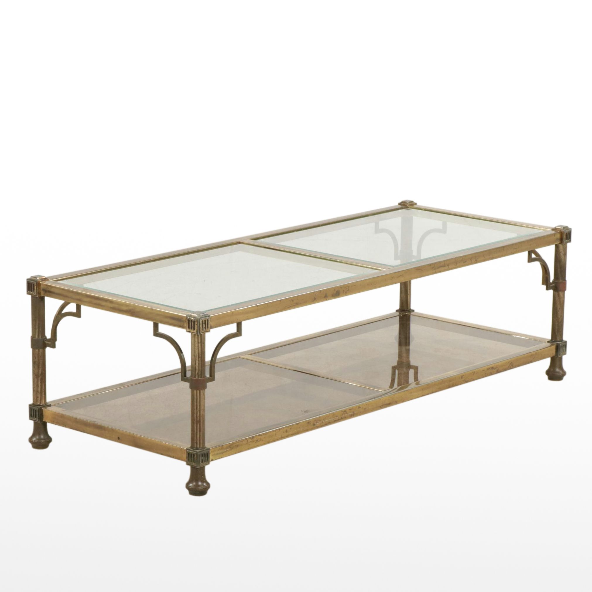 Neoclassical Brass Finished Metal Coffee Table with Glass Inserts