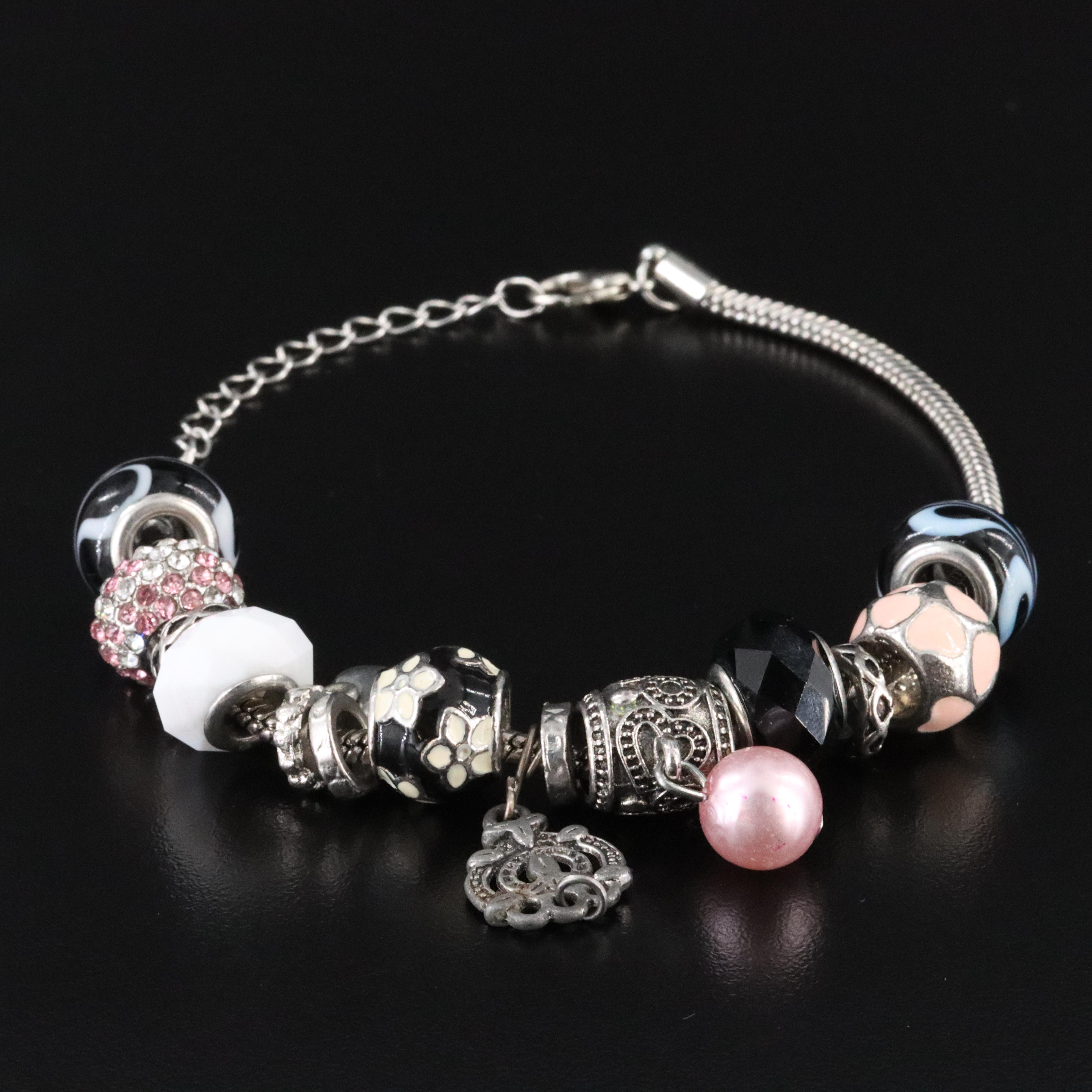 Bead Bracelet with Charms Including Faux Pearl and Rhinestones