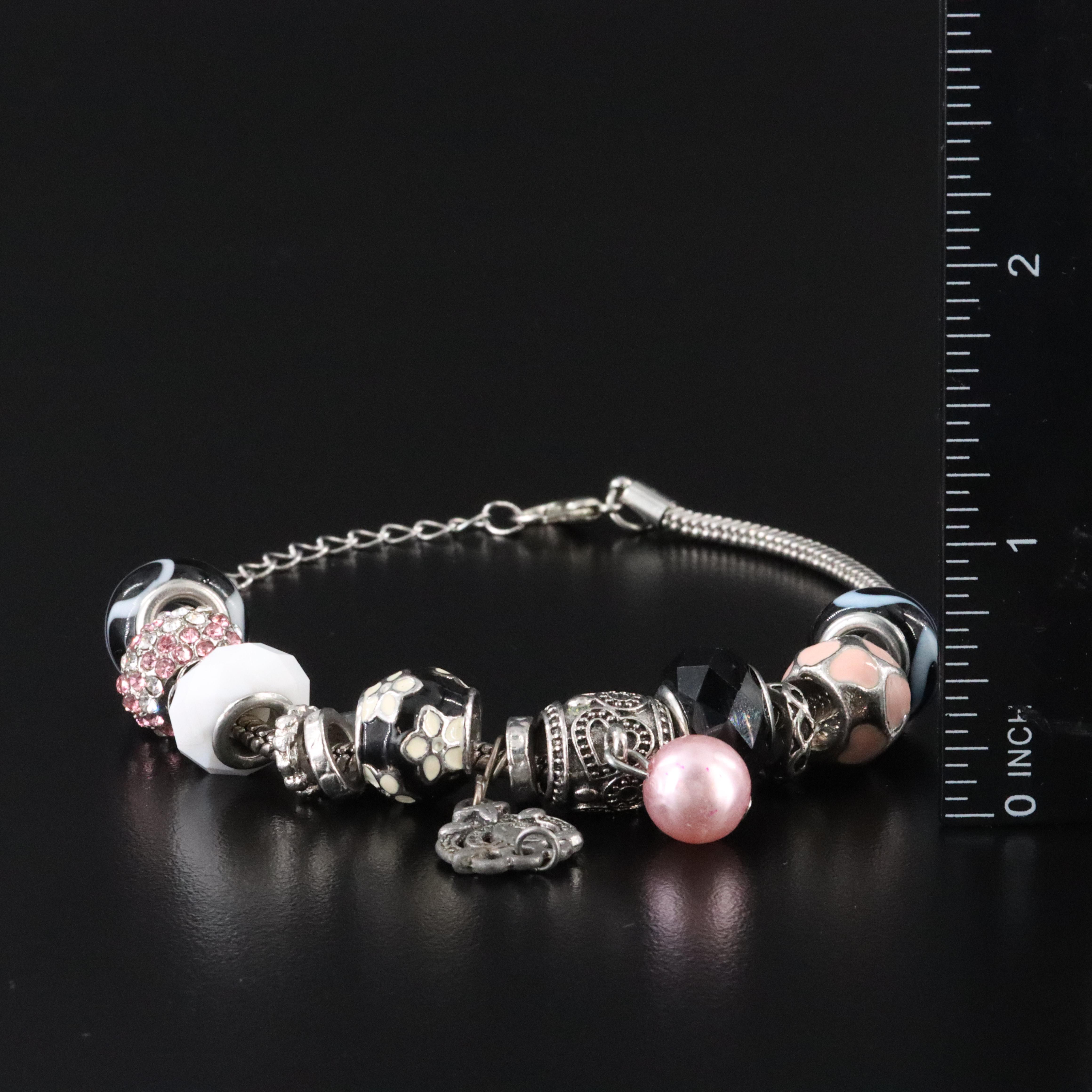 Bead Bracelet with Charms Including Faux Pearl and Rhinestones