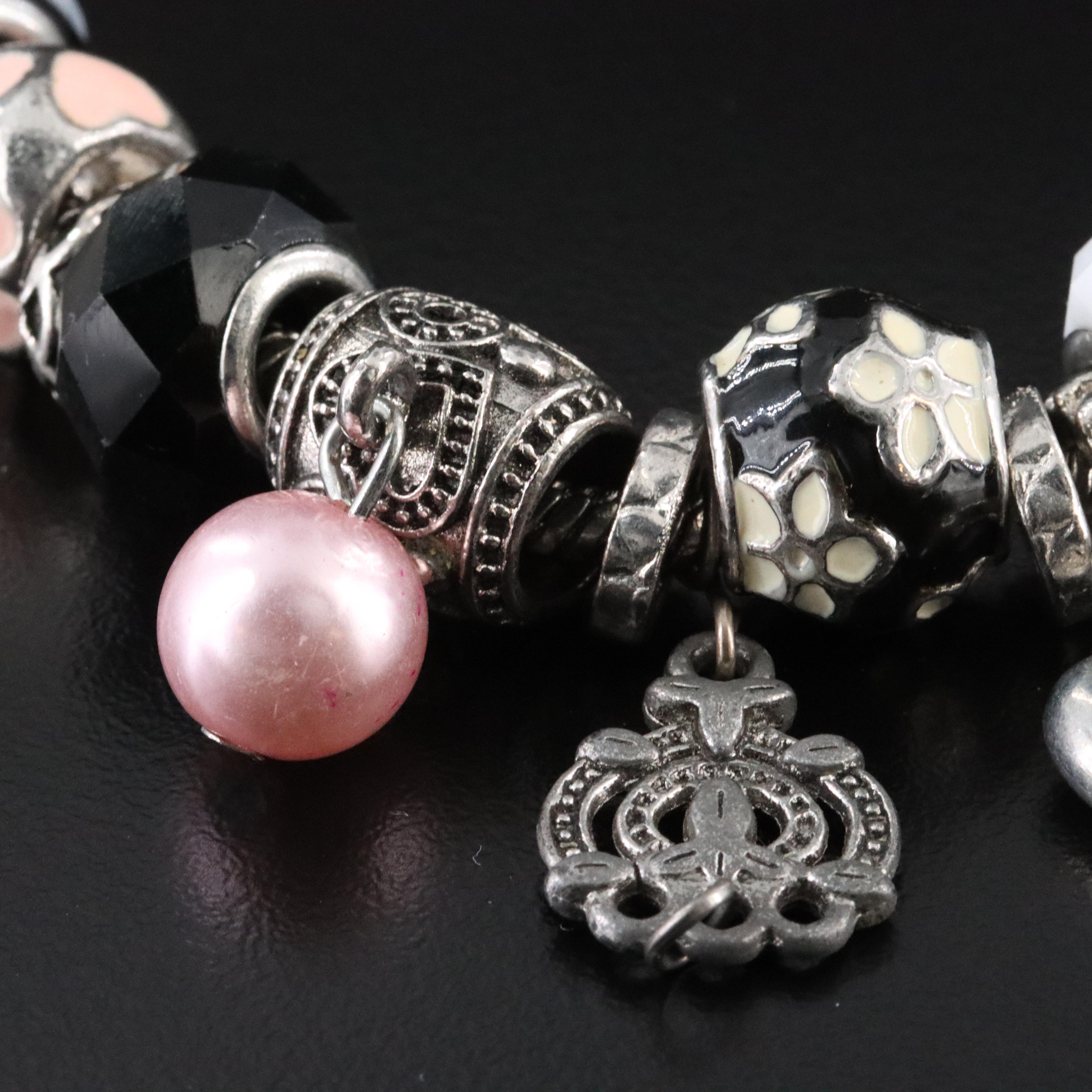 Bead Bracelet with Charms Including Faux Pearl and Rhinestones
