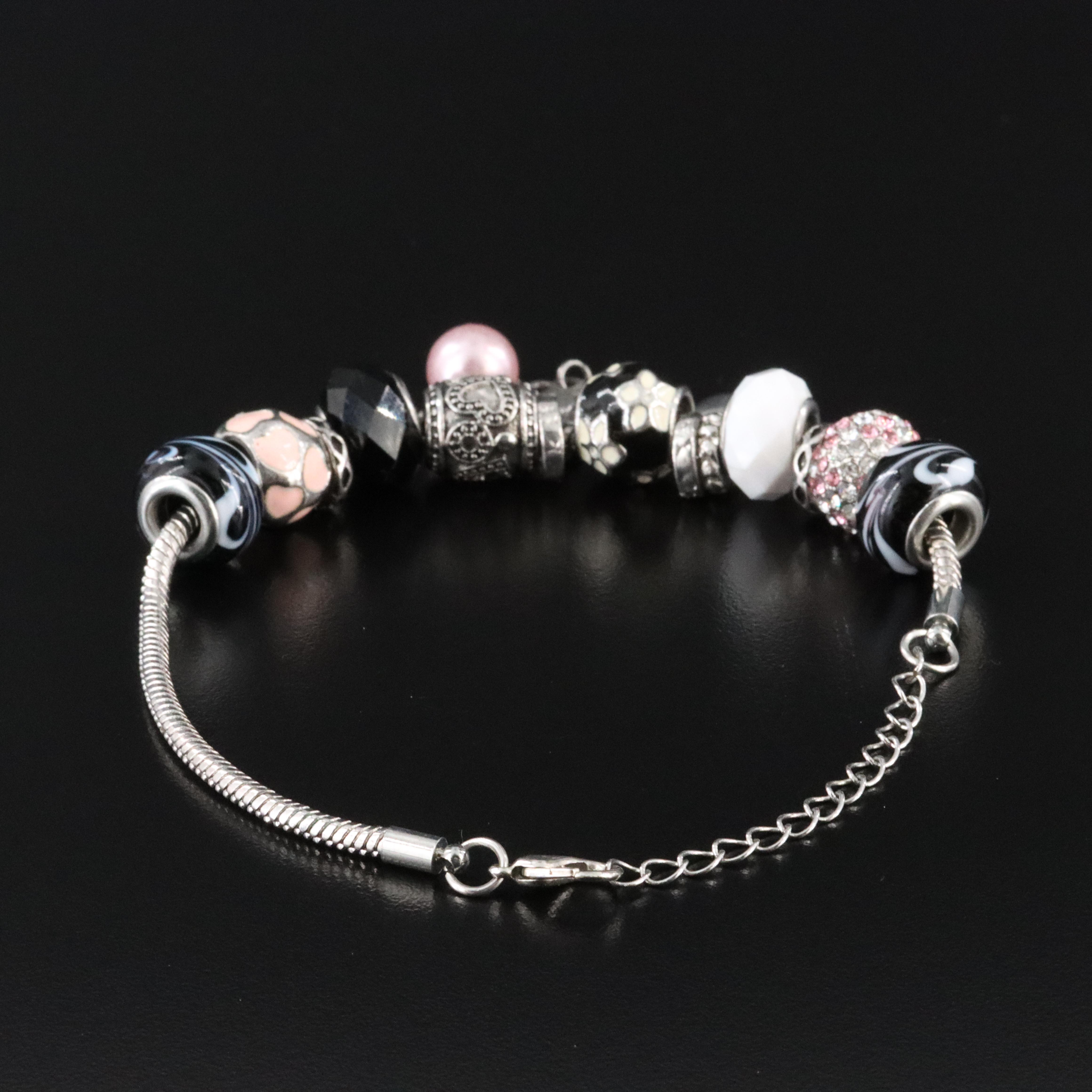 Bead Bracelet with Charms Including Faux Pearl and Rhinestones