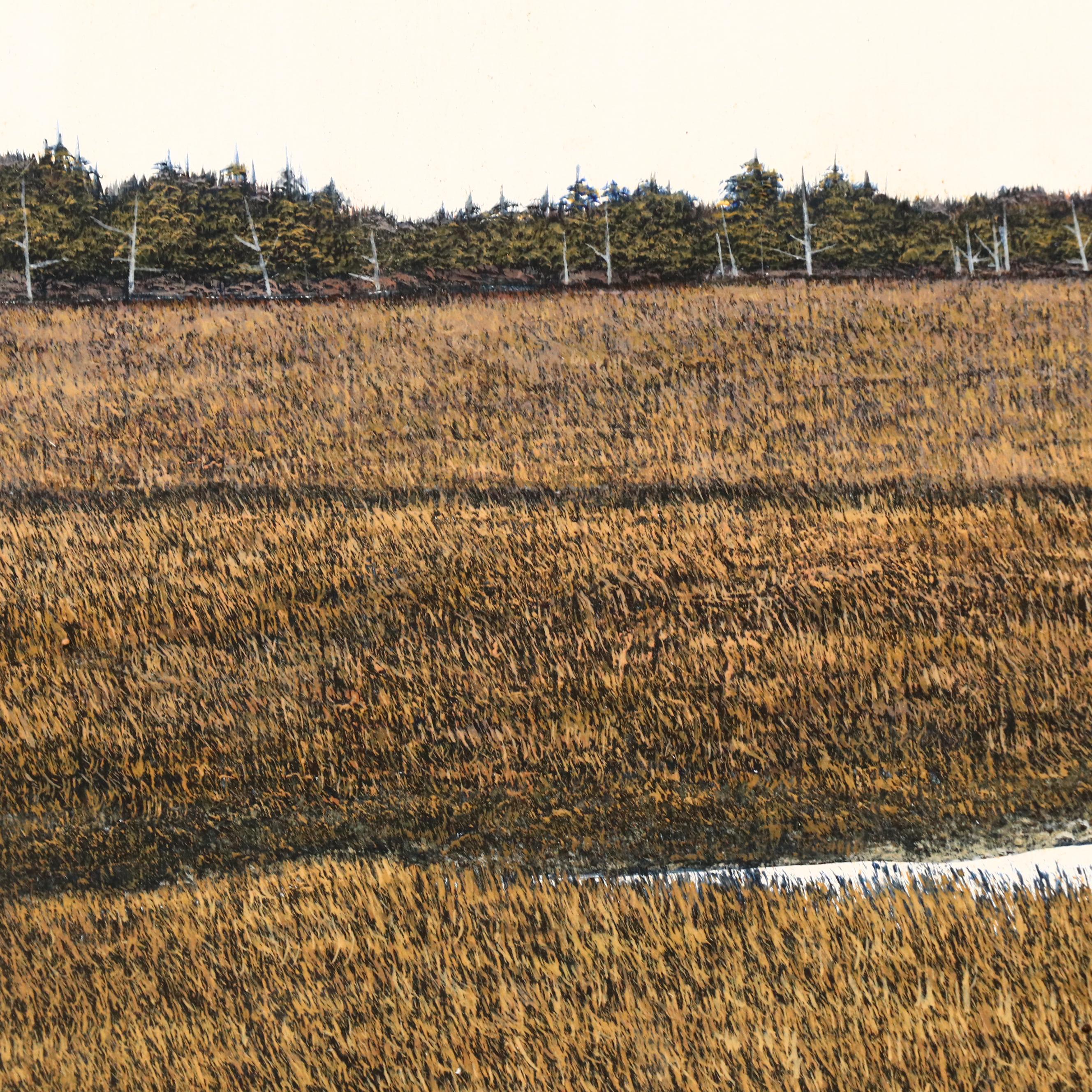 Richard Sparre Tempera Painting of  Shorebird in Marsh Landscape, Circa 1980