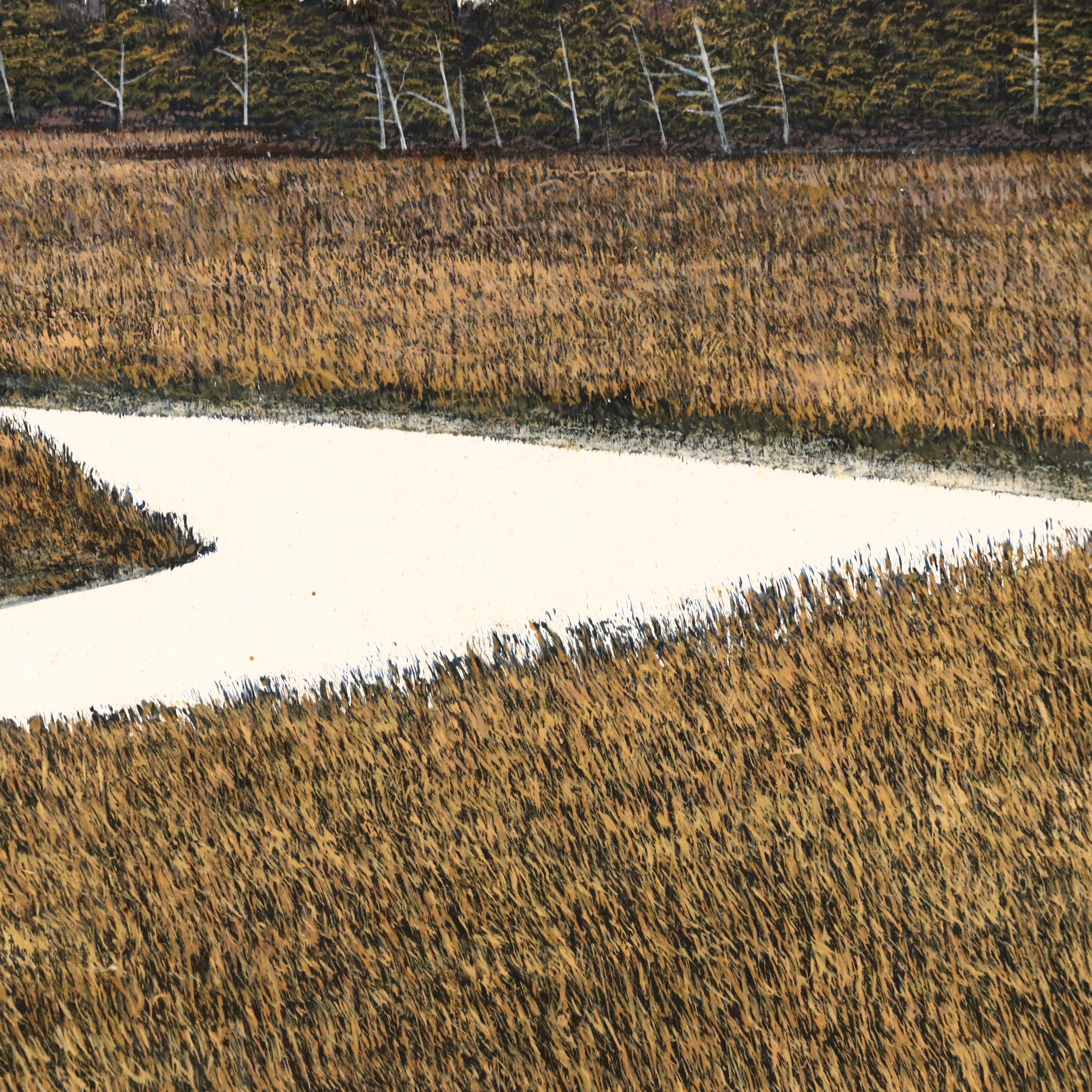 Richard Sparre Tempera Painting of  Shorebird in Marsh Landscape, Circa 1980