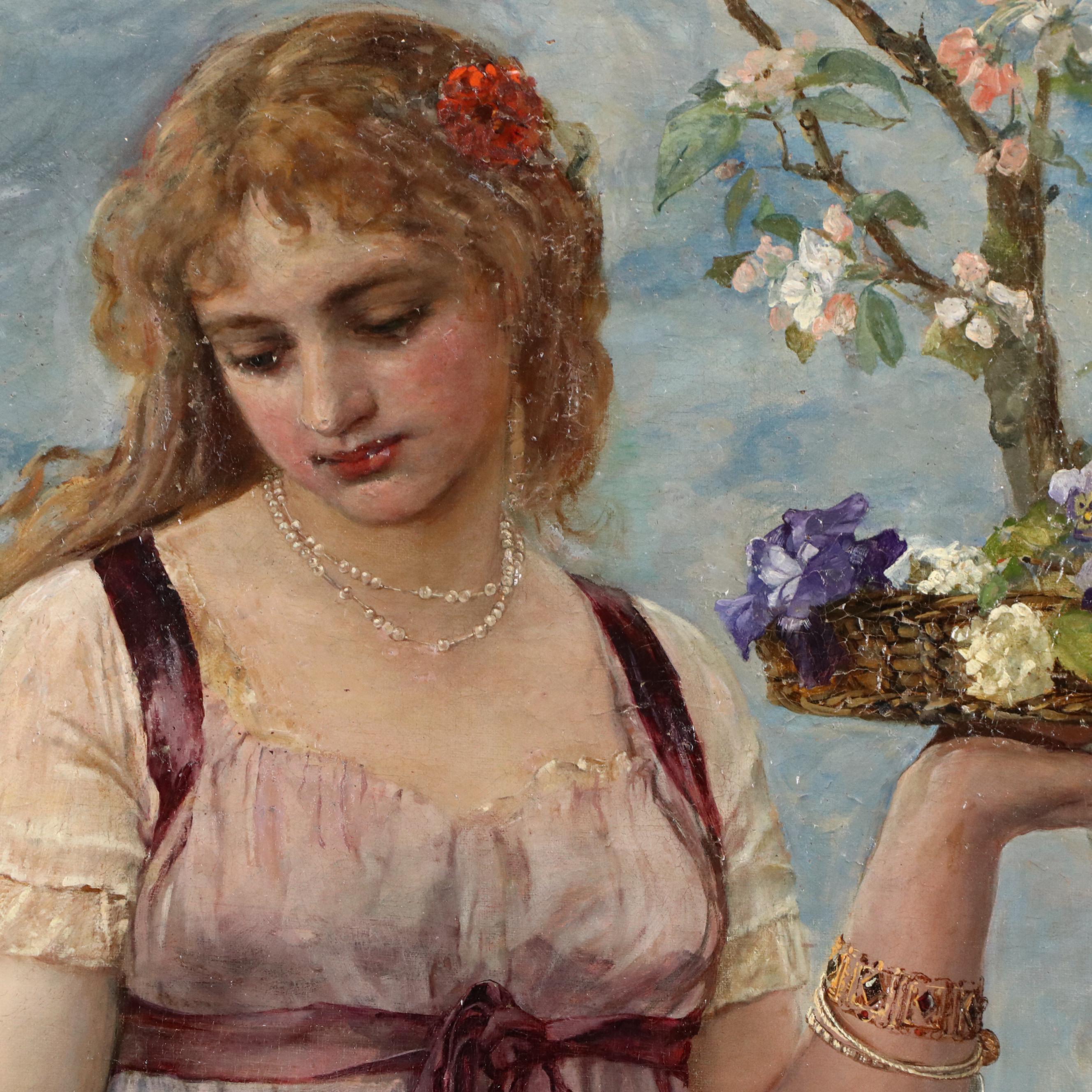 Pre-Raphaelite Style Oil Painting of Woman Picking Flowers