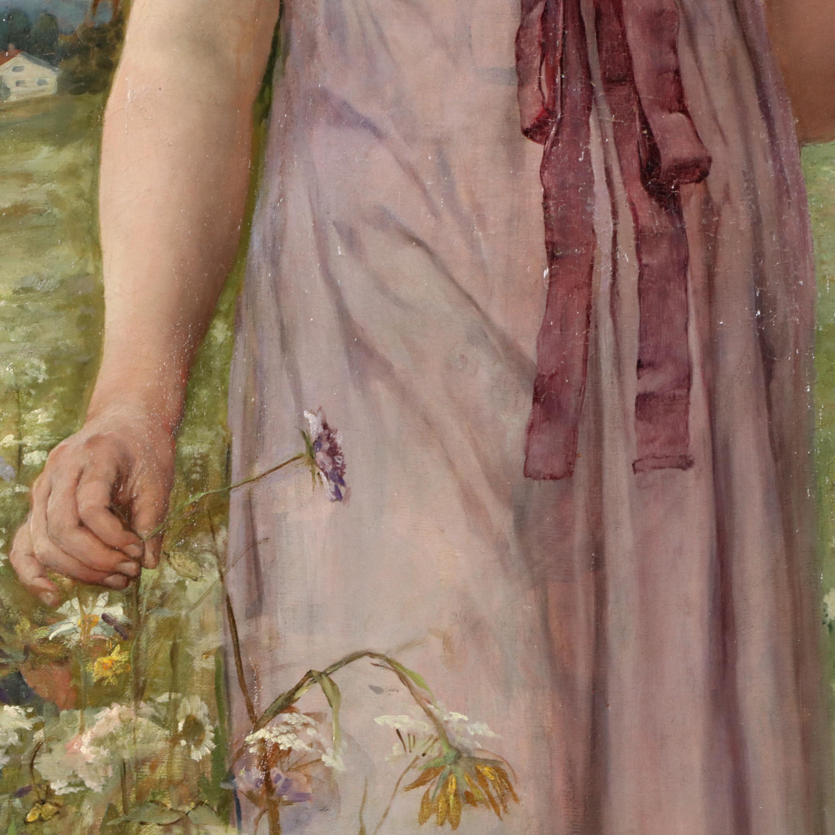 Pre-Raphaelite Style Oil Painting of Woman Picking Flowers