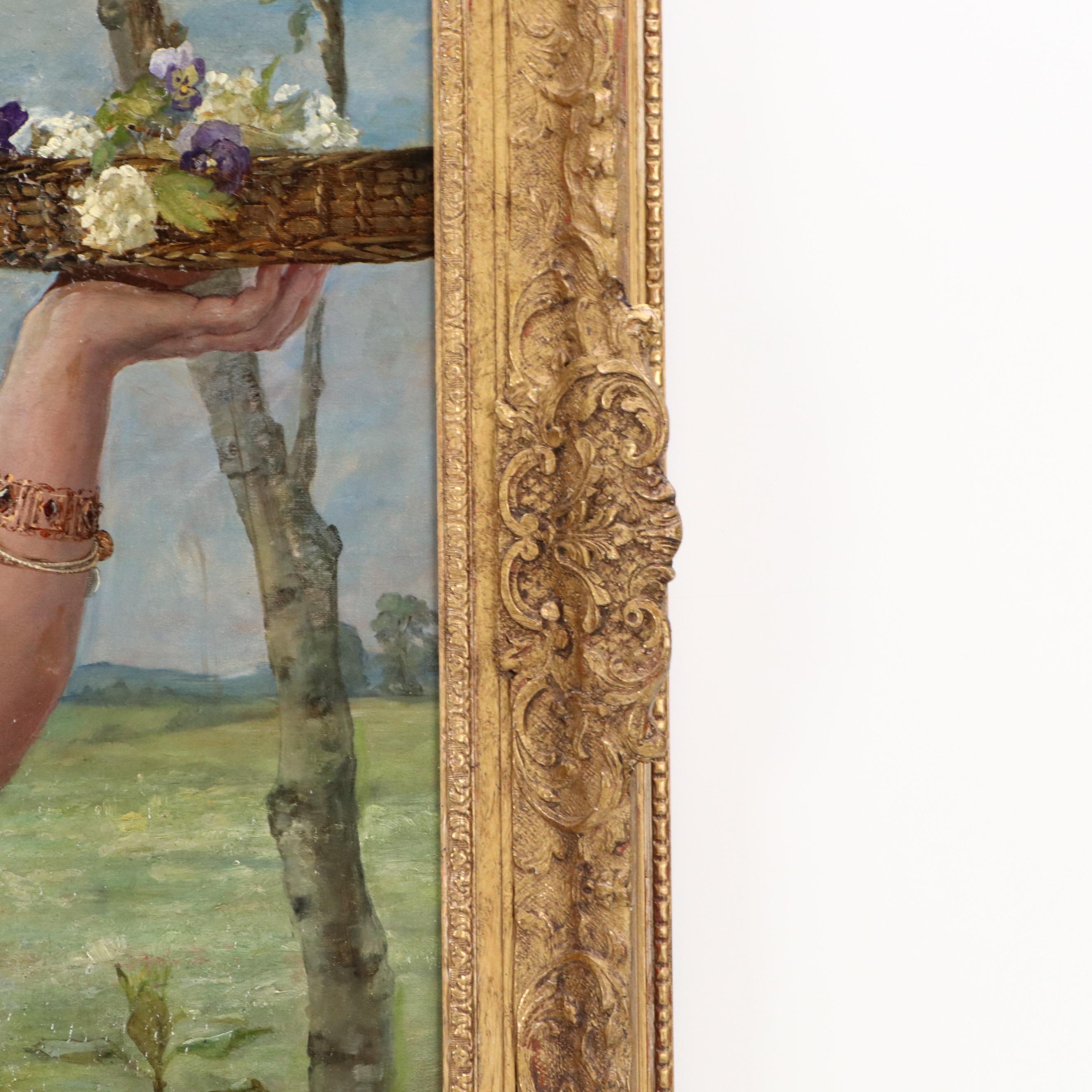 Pre-Raphaelite Style Oil Painting of Woman Picking Flowers