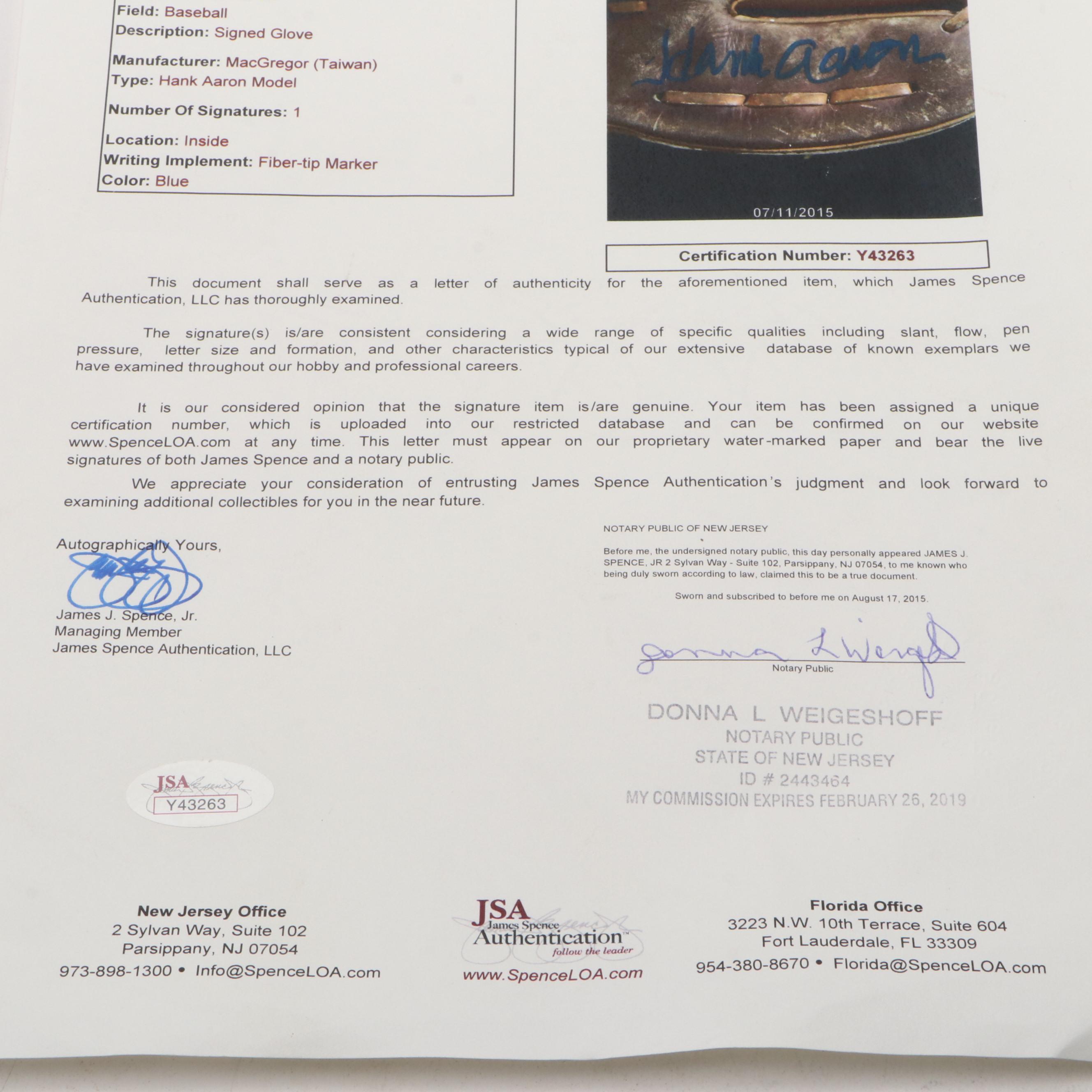 Hank Aaron Signed MacGregor Baseball Glove, JSA