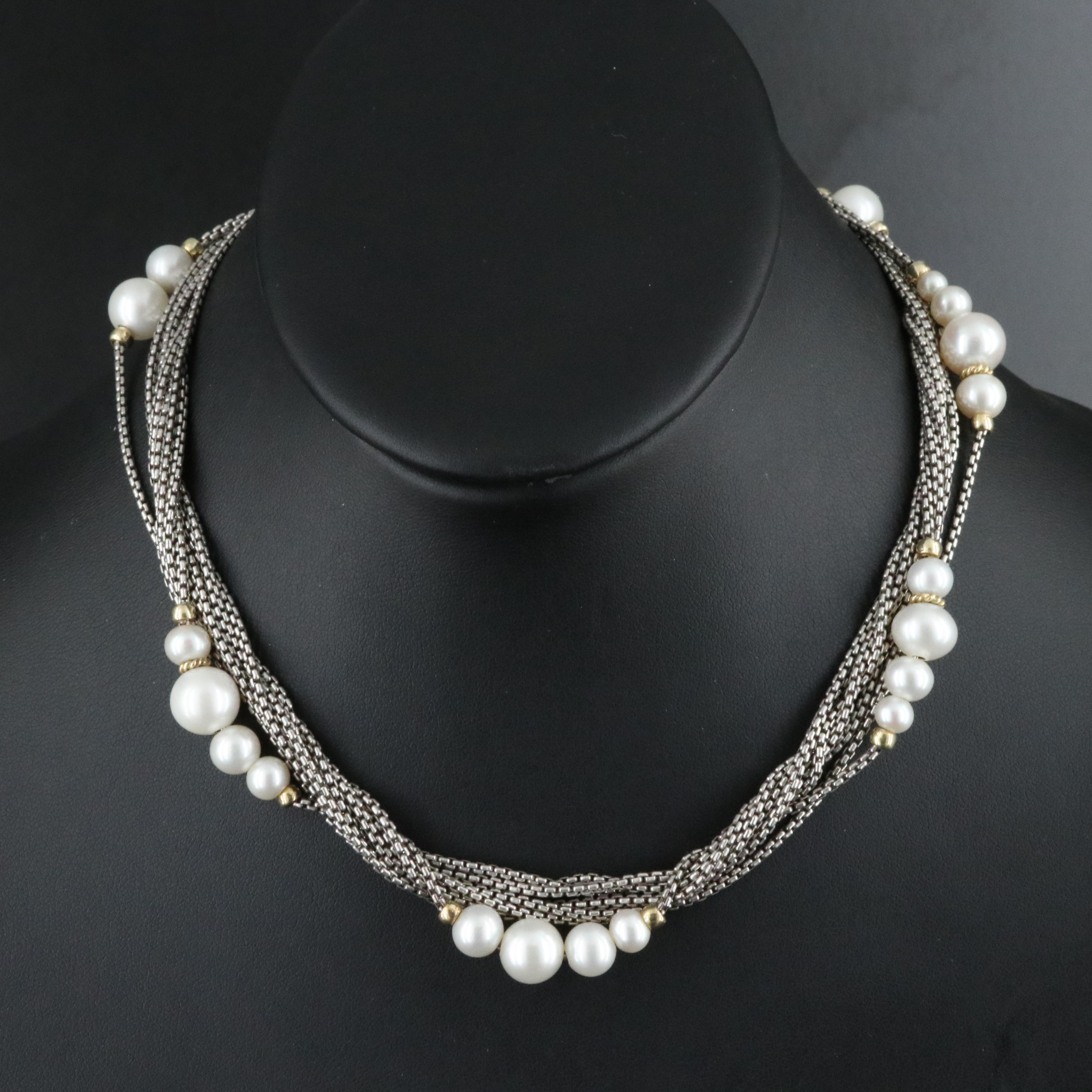 David Yurman Sterling Pearl Multi Strand Buckle Clasp Necklace with 18K Accents