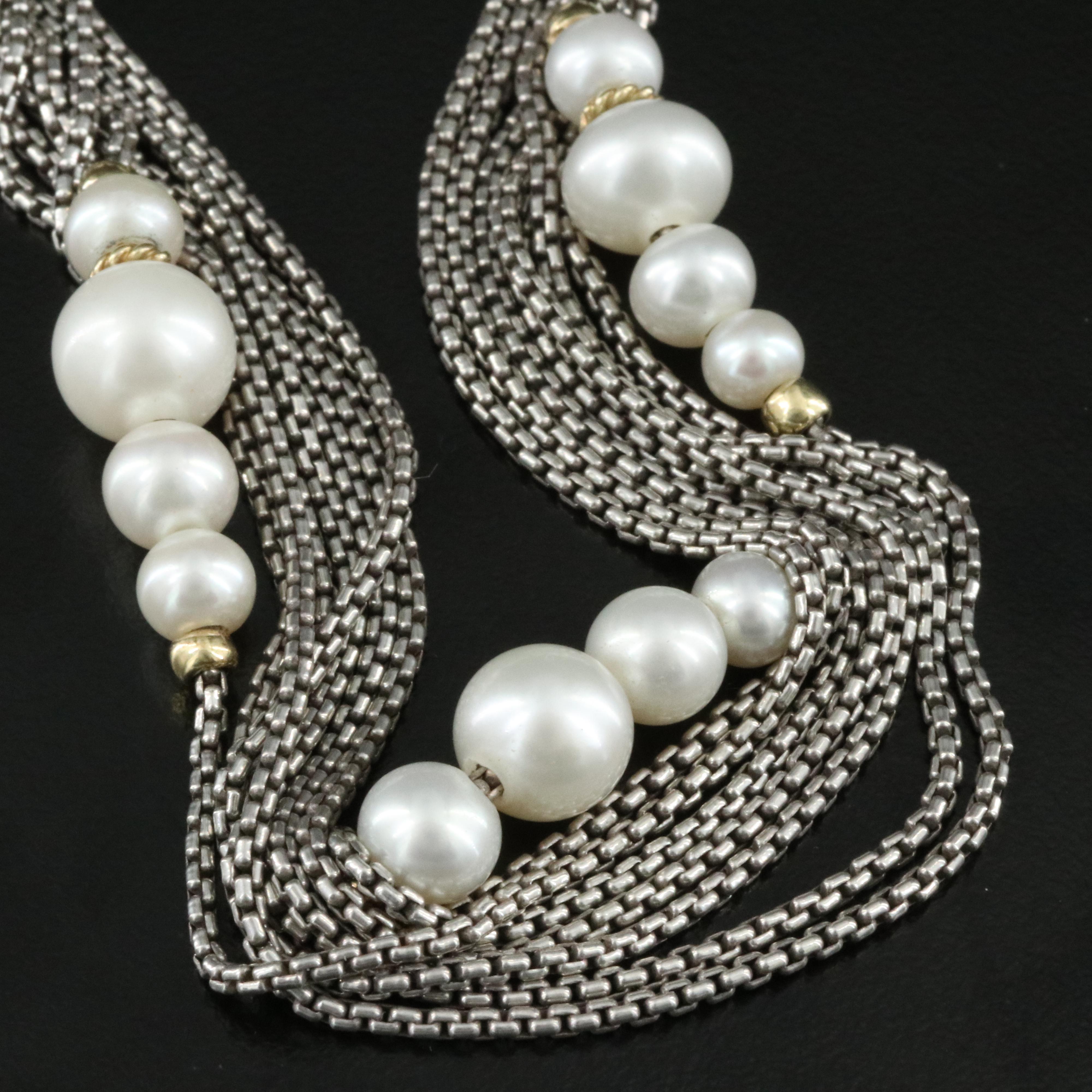 David Yurman Sterling Pearl Multi Strand Buckle Clasp Necklace with 18K Accents