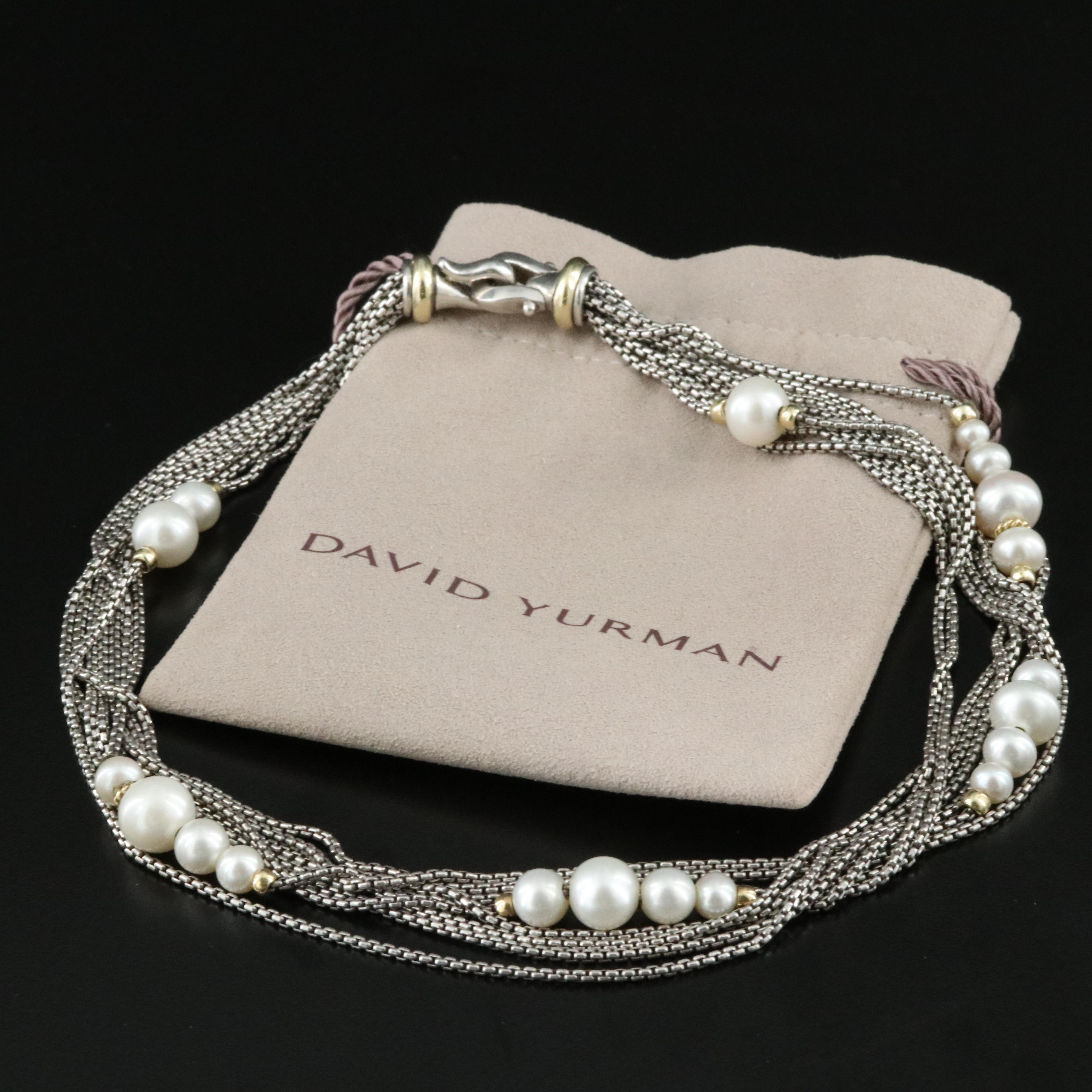David Yurman Sterling Pearl Multi Strand Buckle Clasp Necklace with 18K Accents