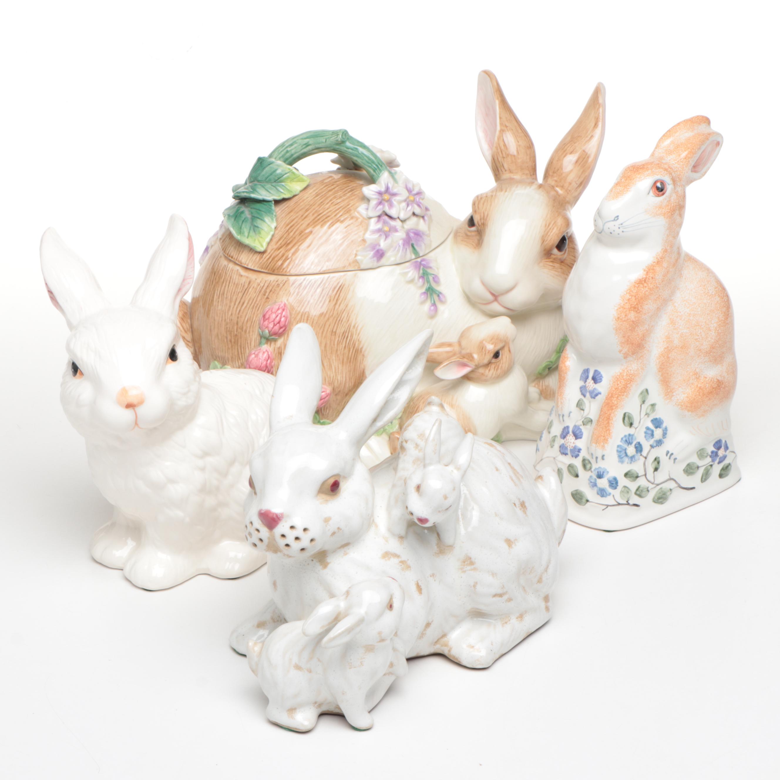 Fitz & Floyd "Botanical Bunny" Cookie Jar with Rye Pottery and Other Rabbits