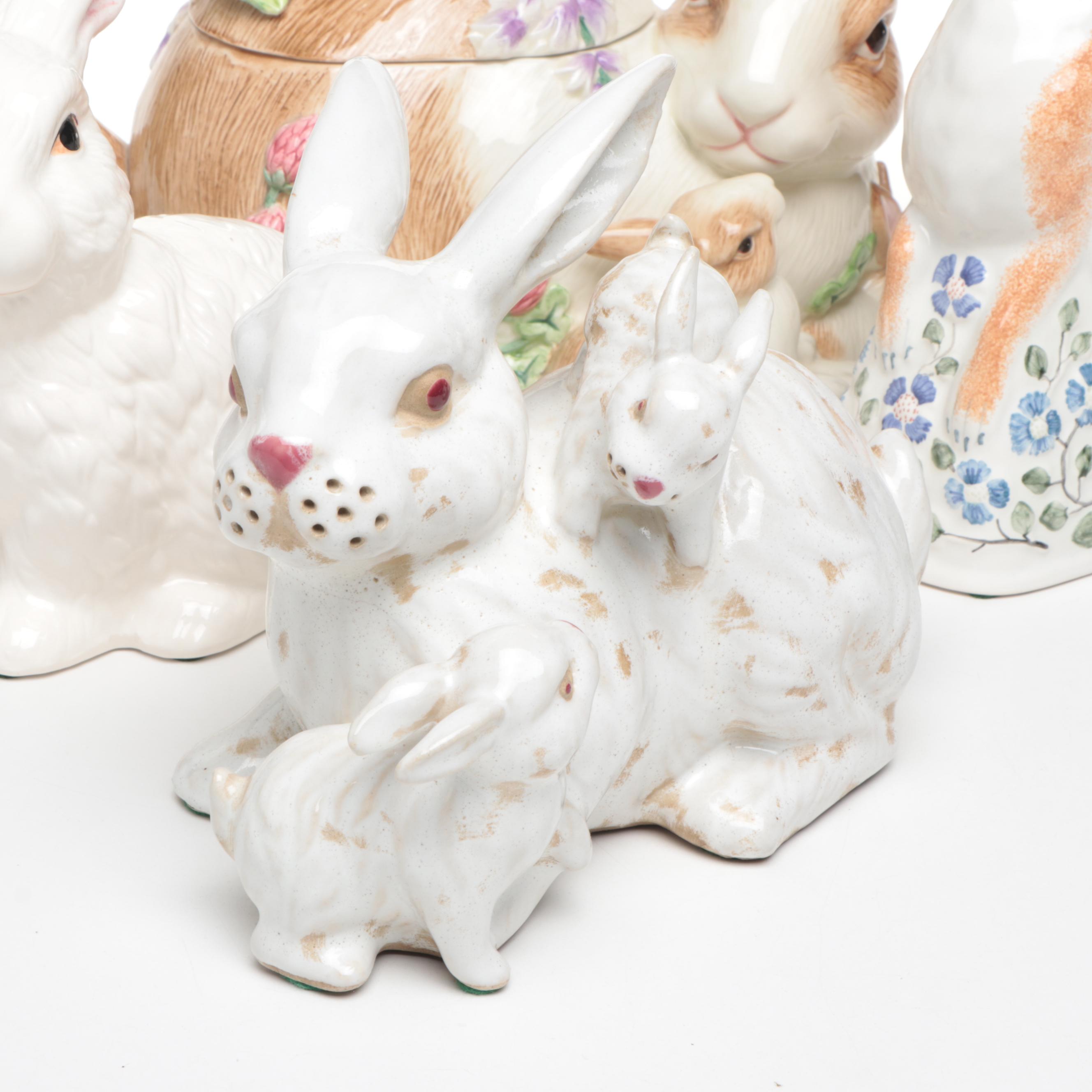Fitz & Floyd "Botanical Bunny" Cookie Jar with Rye Pottery and Other Rabbits