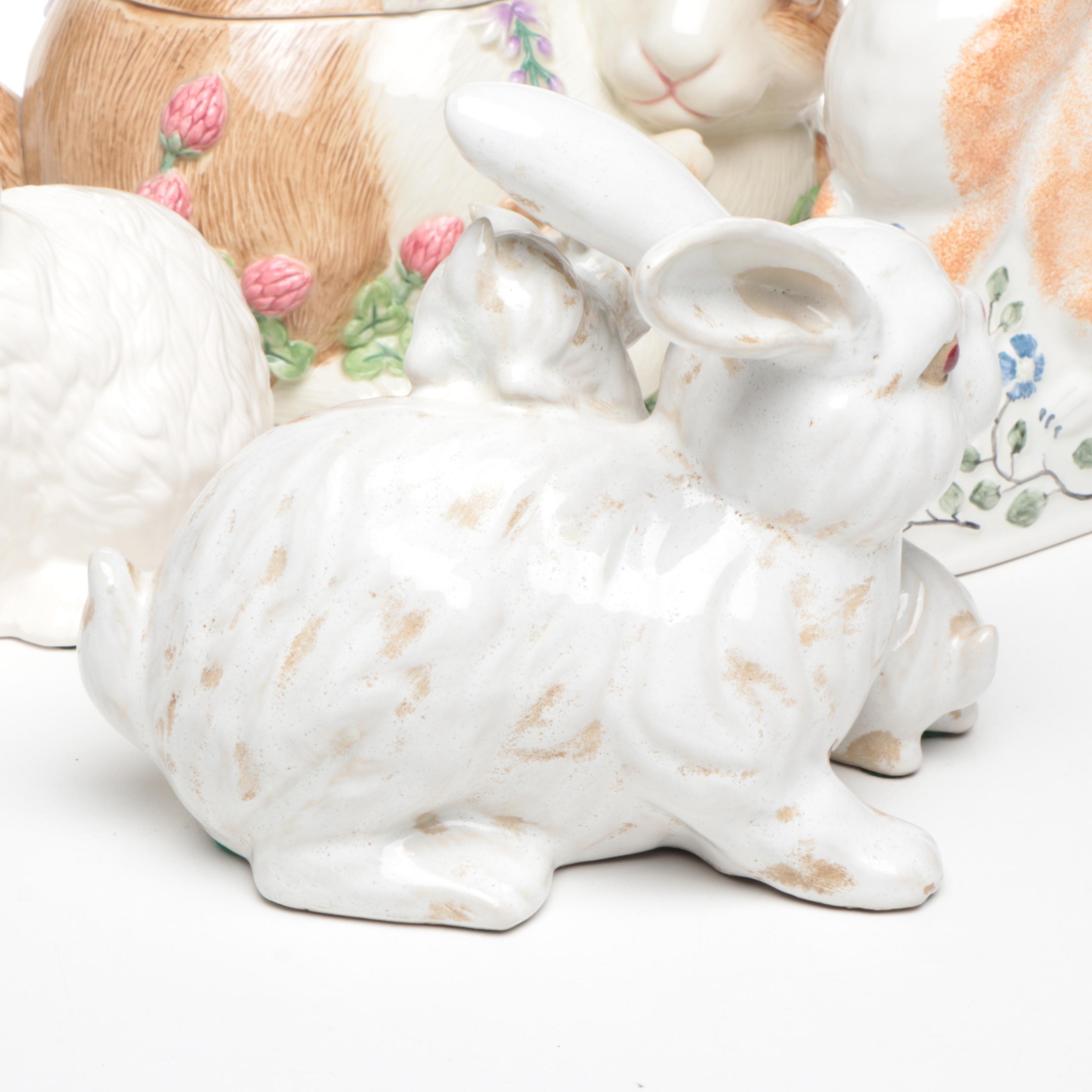 Fitz & Floyd "Botanical Bunny" Cookie Jar with Rye Pottery and Other Rabbits