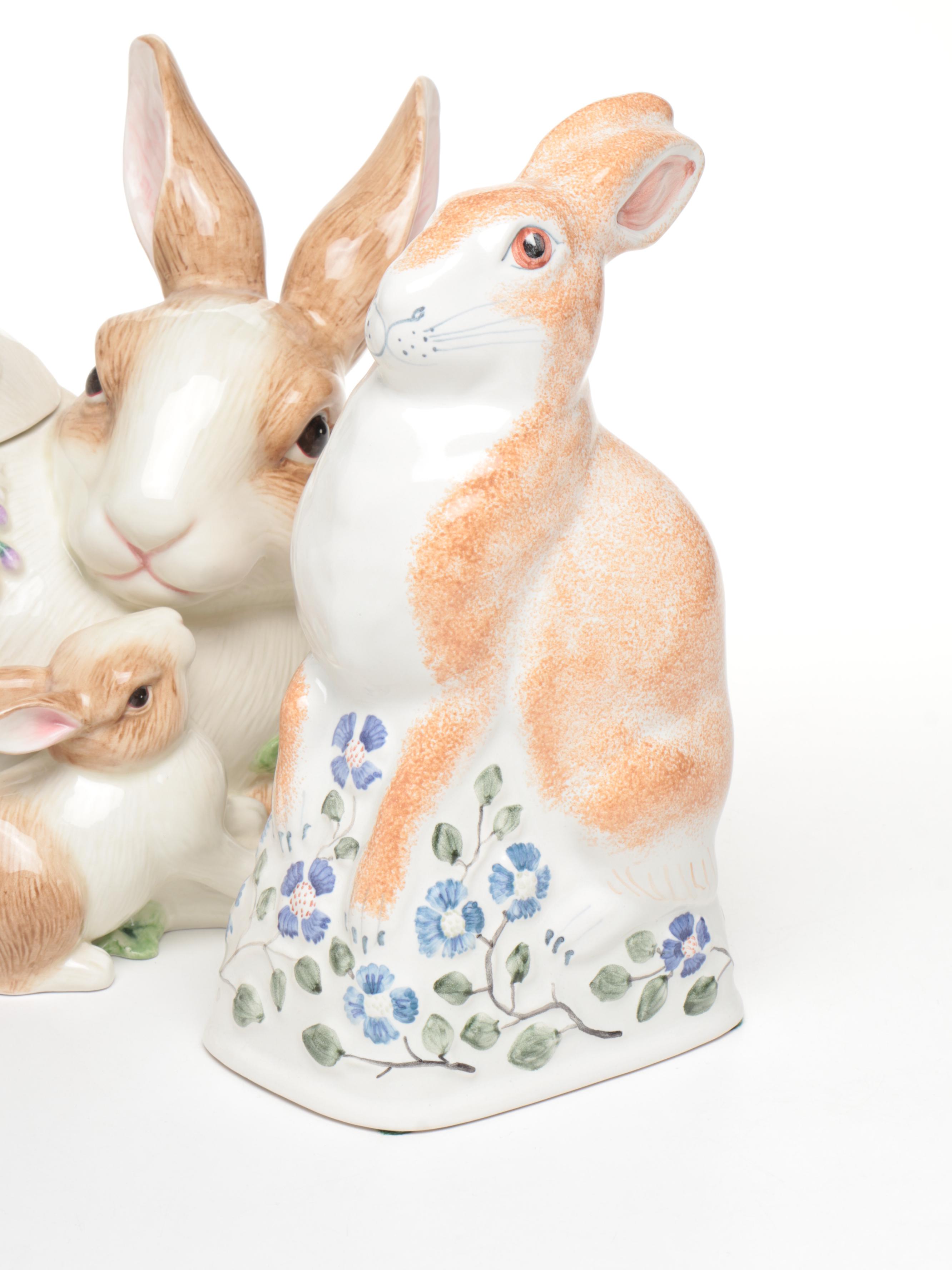 Fitz & Floyd "Botanical Bunny" Cookie Jar with Rye Pottery and Other Rabbits