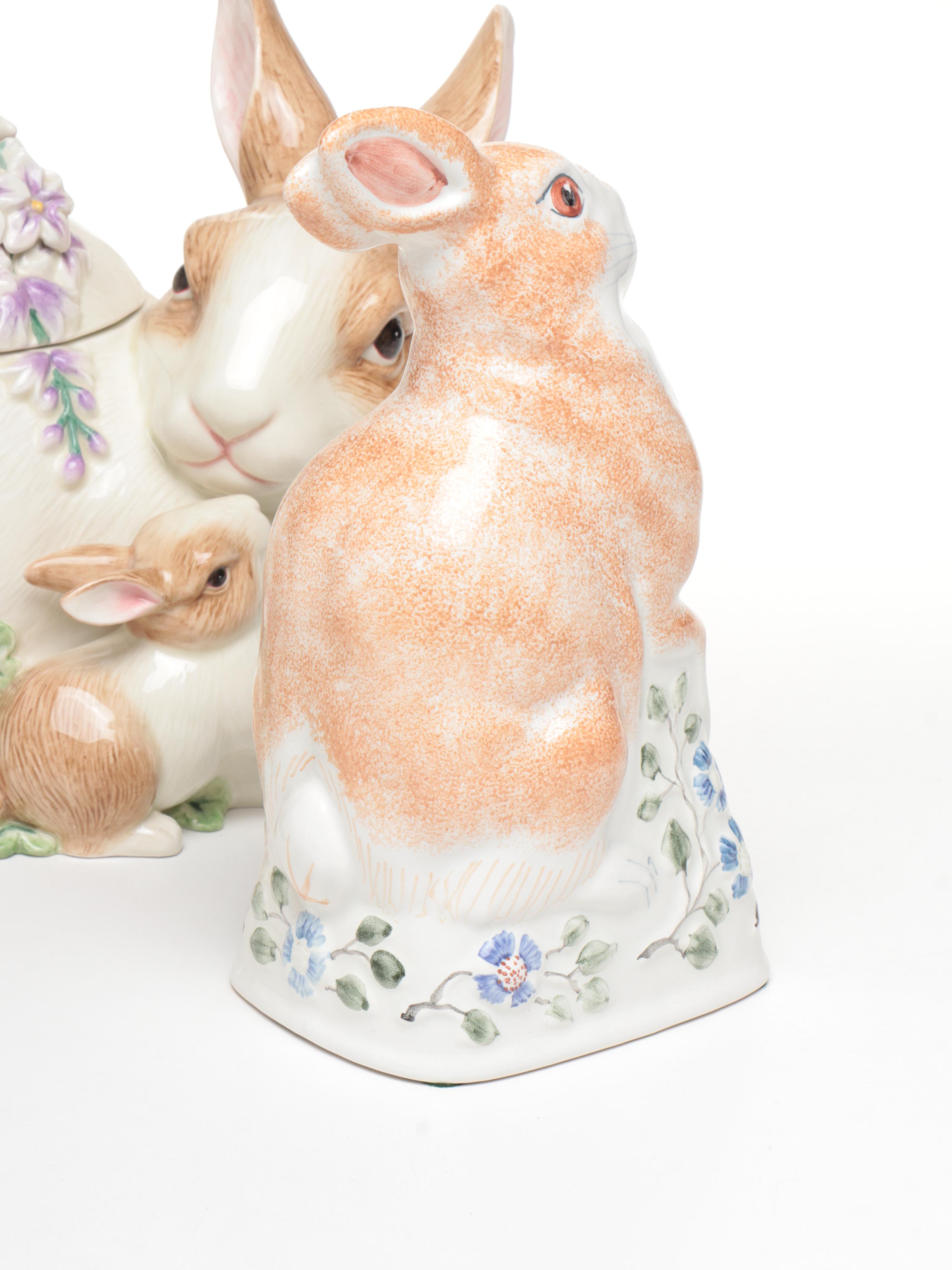 Fitz & Floyd "Botanical Bunny" Cookie Jar with Rye Pottery and Other Rabbits