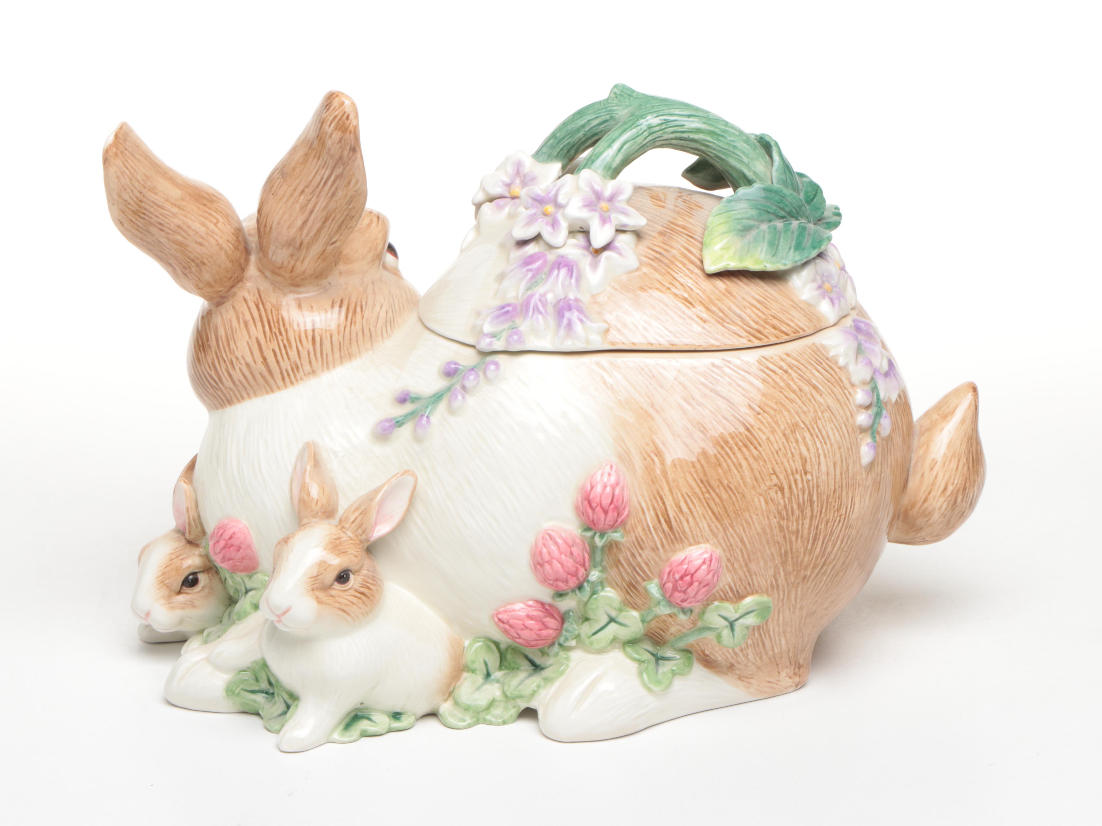 Fitz & Floyd "Botanical Bunny" Cookie Jar with Rye Pottery and Other Rabbits