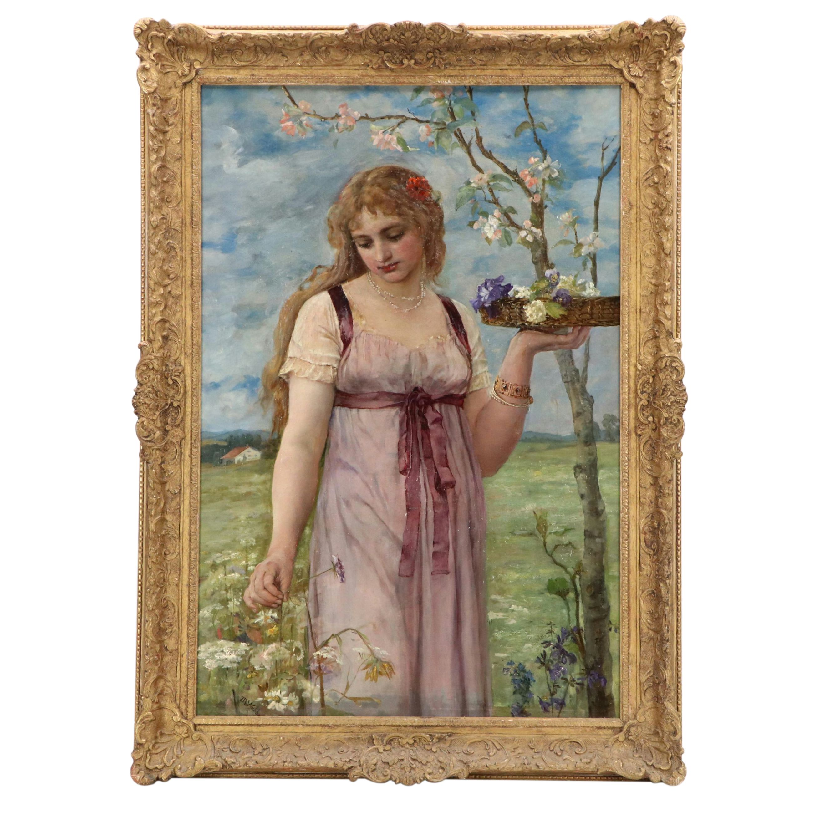 Pre-Raphaelite Style Oil Painting of Woman Picking Flowers