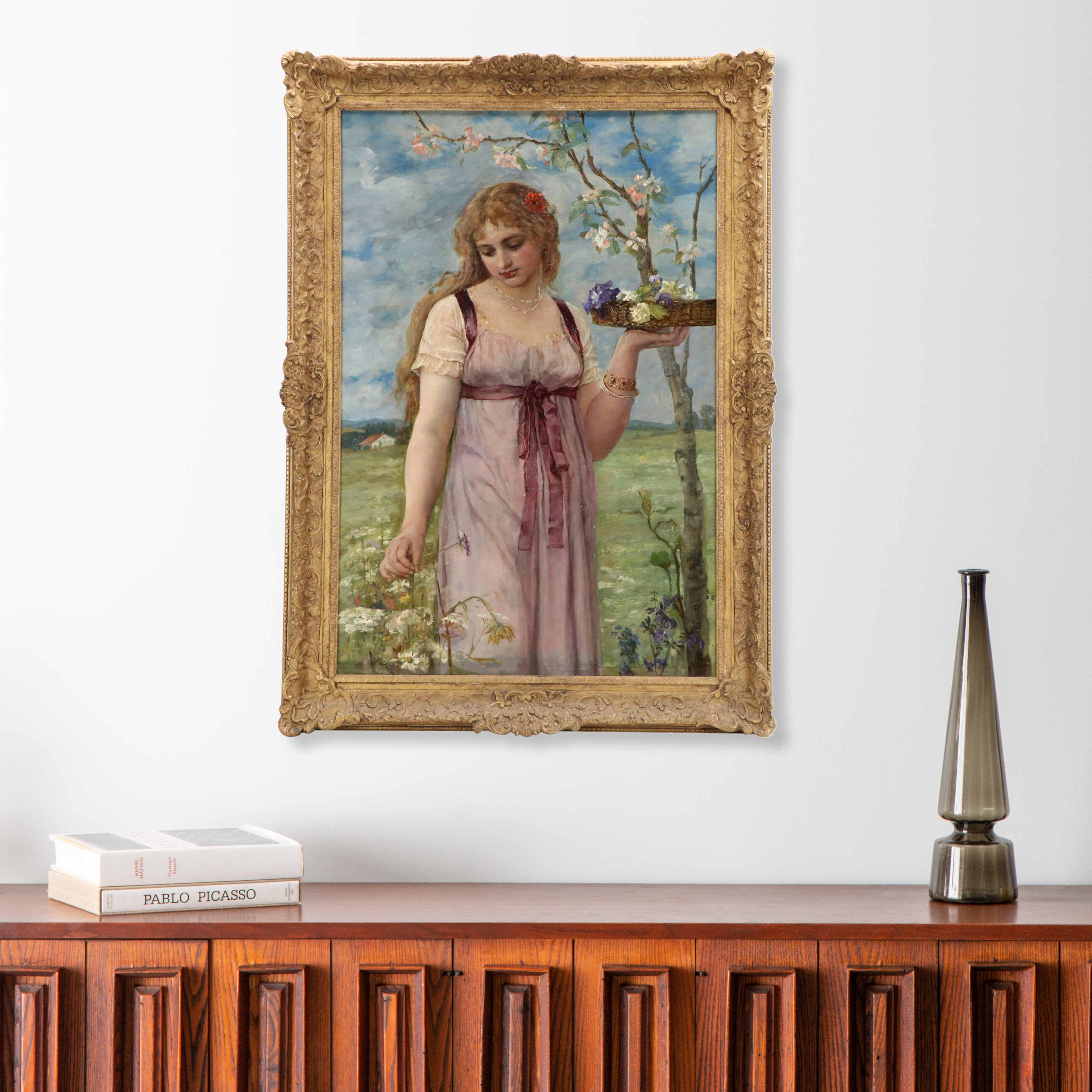 Pre-Raphaelite Style Oil Painting of Woman Picking Flowers