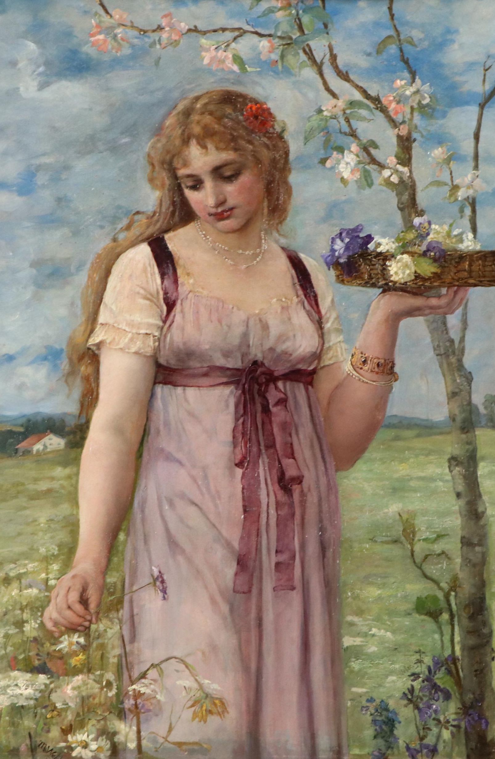Pre-Raphaelite Style Oil Painting of Woman Picking Flowers